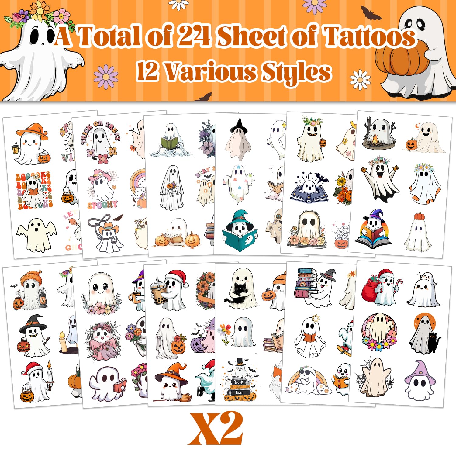 144 PCS Halloween Ghost Temporary Tattoos Stickers - Spooky Party Favors for Kids, Teens & Adults - 24 Sheets - Perfect for Halloween Parties, Costume Accessories & Trick-or-Treat Fun