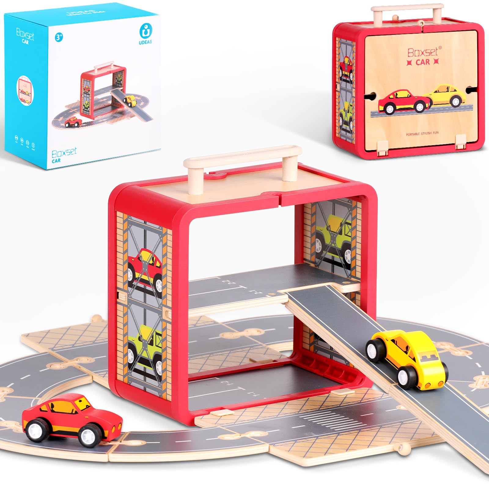 **Wooden Toy Car Set for Toddlers - Car Track & Parking Garage Playset with Storage Box | Educational Building Blocks for Kids, Boys & Girls | Perfect for Pretend Play, Motor Skills Development & Early Learning**