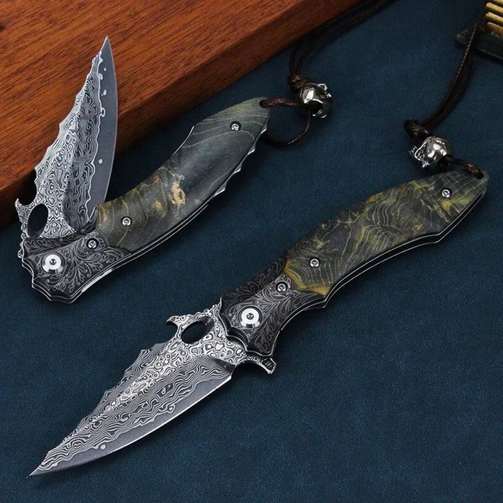 Premium Blackbird Japanese EDC Pocket Knife - Stained Maple Burl Wood Handle - Compact Folding Knife for Everyday Carry, Outdoor Adventures & Survival Gear