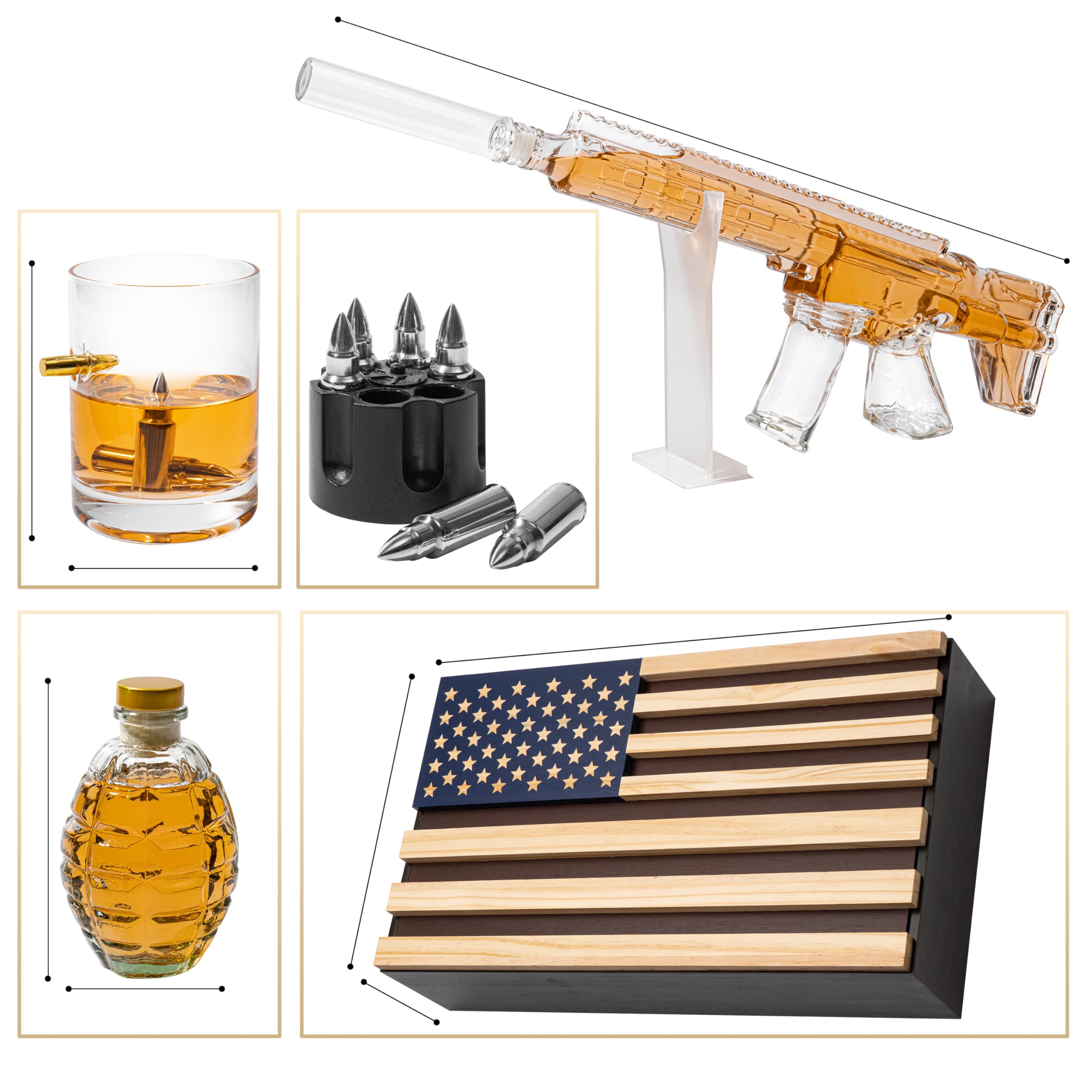 AR15 Whiskey Gun Decanter Set with American Flag Gift Box - 1000ml Capacity Includes Bullet Glasses & Chillers - Perfect Drinking Party Accessories for Army, Marines, Veterans & Gun Lovers - Ideal for Man Cave, Hunting Trips & Patriotic Celebrations