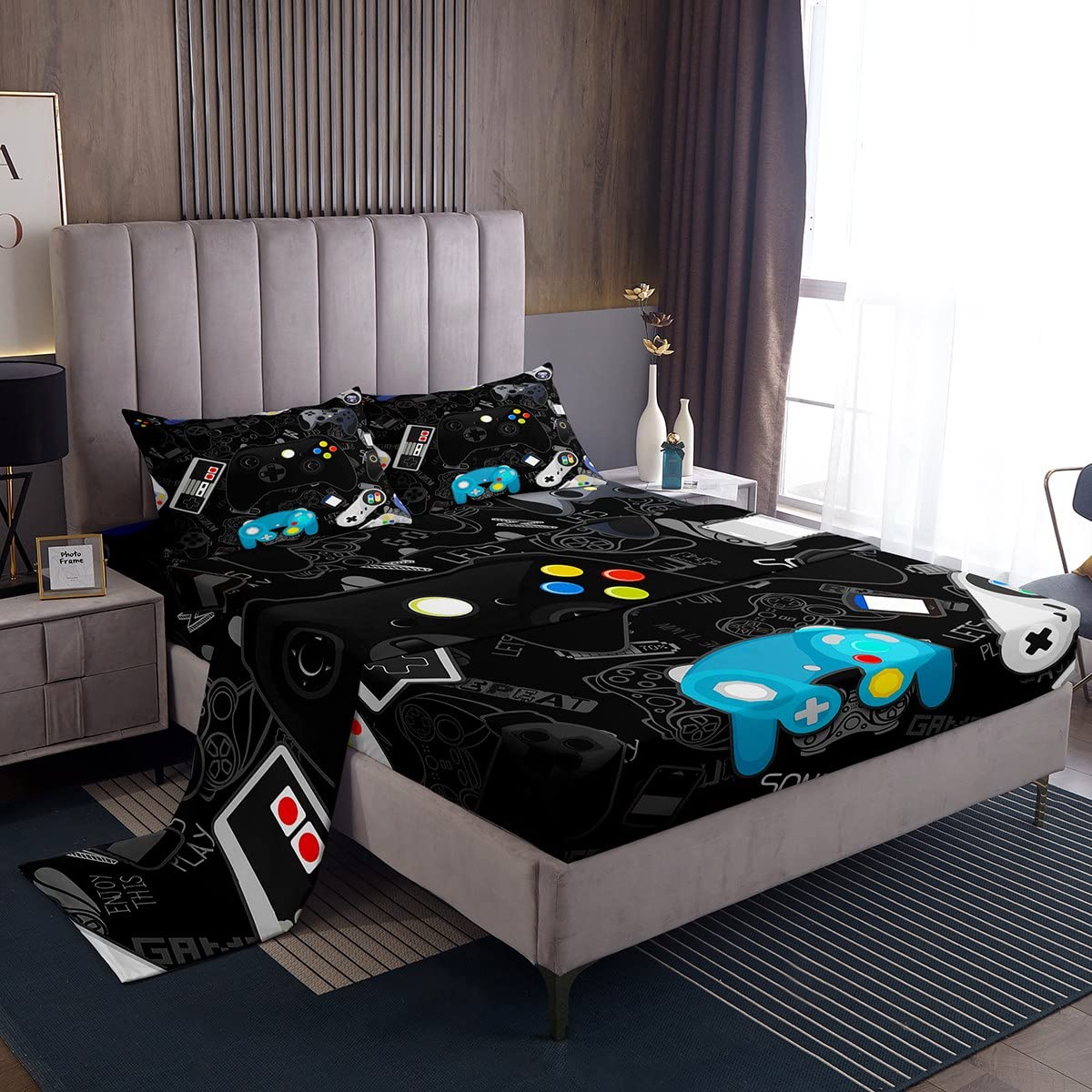 Stylish Watercolor Graffiti Gaming Bedding Set - 4pc Queen Size (Fitted Sheet, Flat Sheet & 2 Pillowcases) for Teen Gamer Room Decor | Perfect for Gaming Enthusiasts & Modern Bedroom Themes