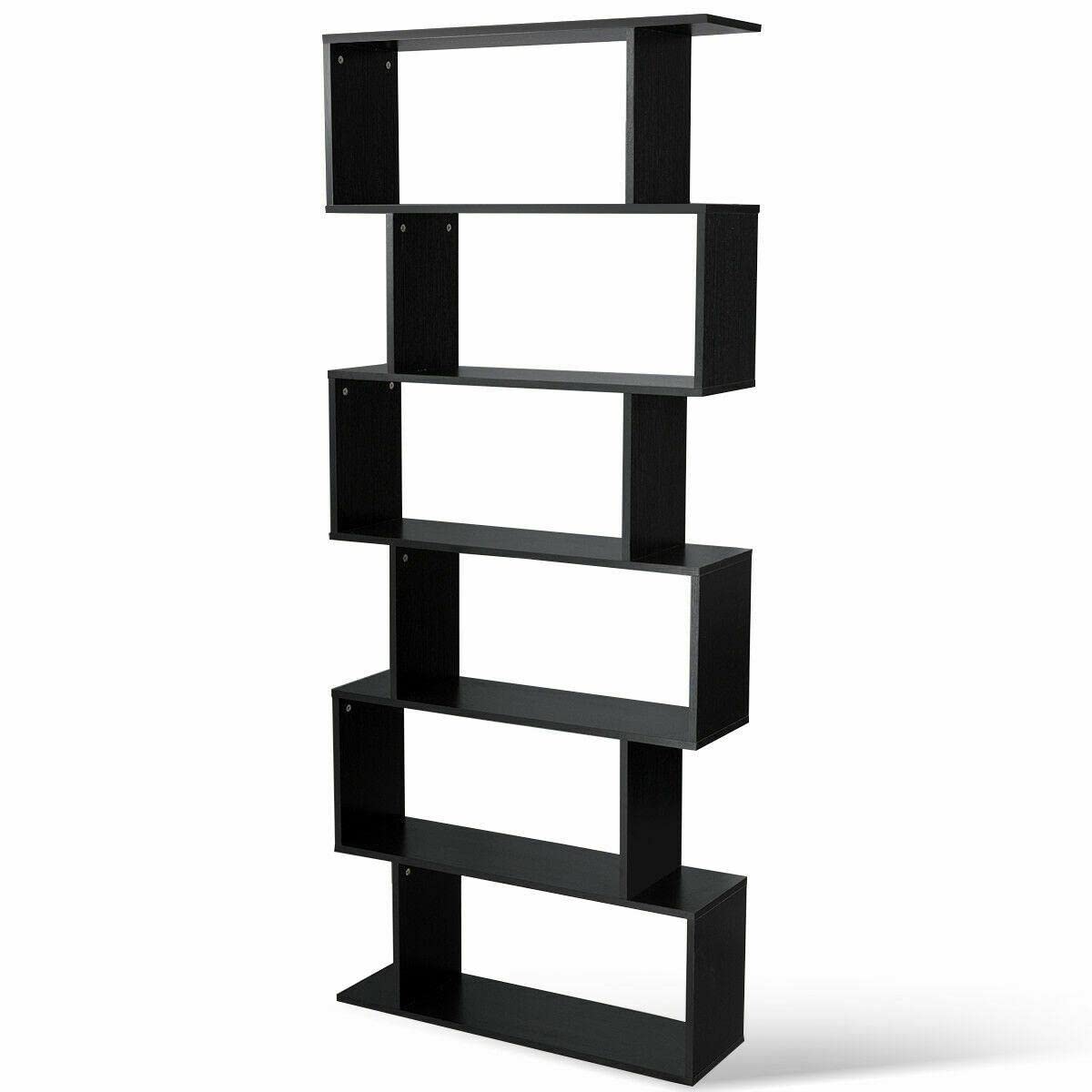 6 Tier S-Shaped Bookcase - Modern Z-Shelf Storage Display for Books, Magazines & Closet Organization - Black | Perfect for Living Room, Bedroom & Office Storage Solutions