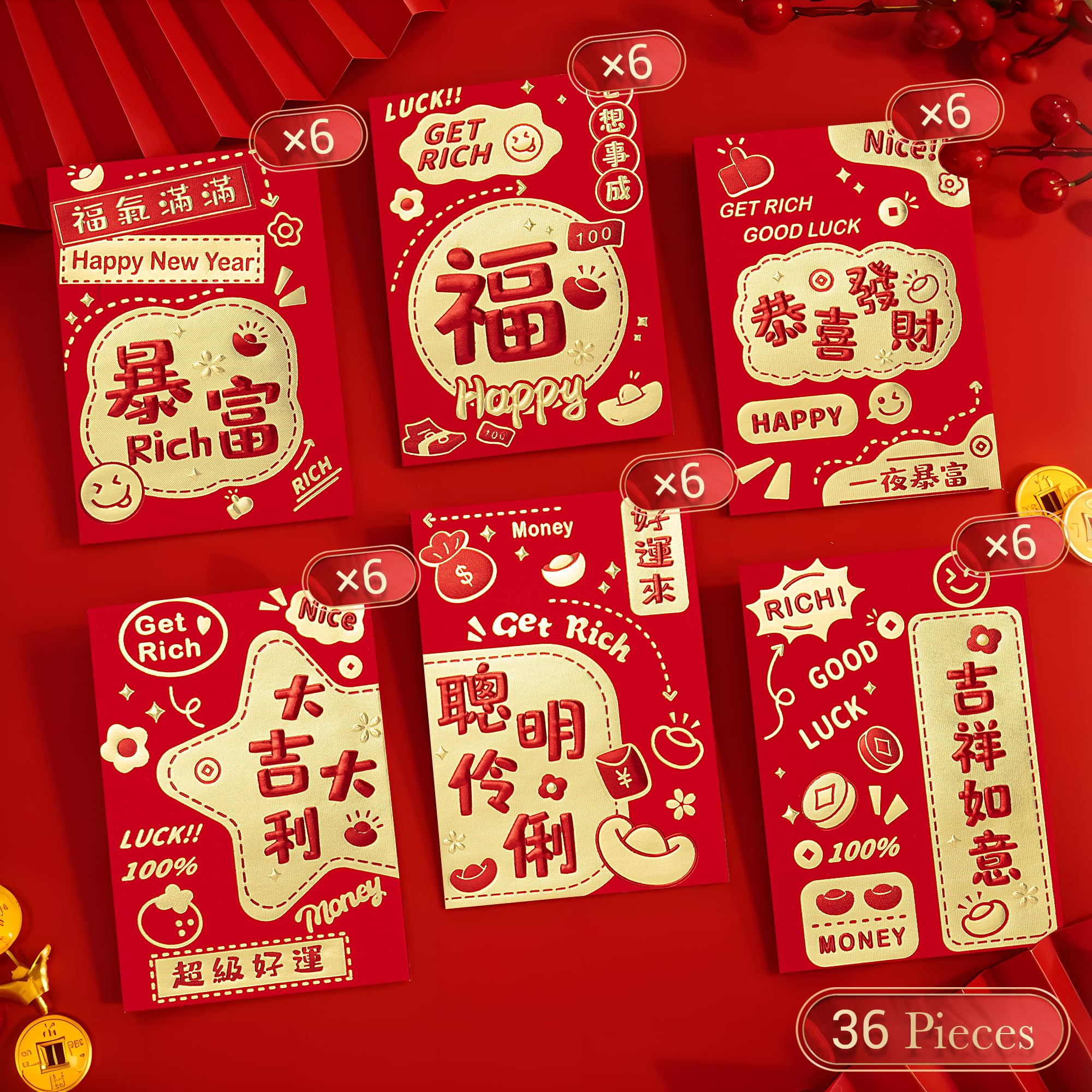 36pcs Chinese New Year Red Envelopes 2025 - Lucky Money Envelopes for Snake Year, Spring Festival Cash Gifts with 6 Beautiful Designs | Perfect for Lunar New Year Celebrations, Birthday Gifts, Wedding Favors and Special Occasions