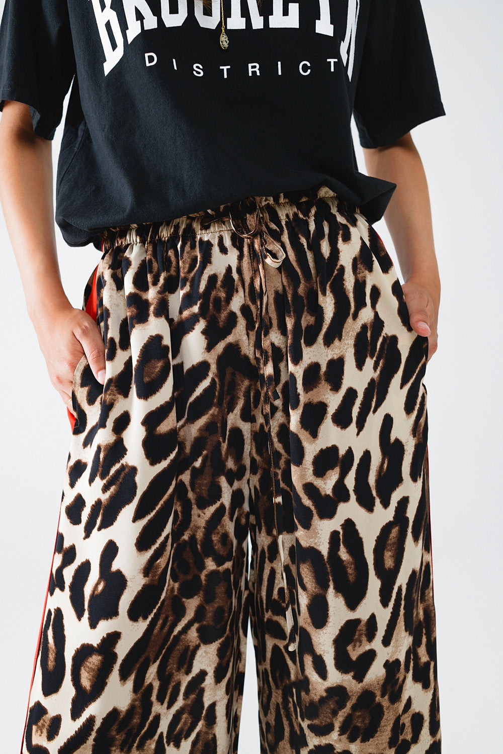 Leopard Print Straight Leg Pants with Red Side Stripes - Stylish Women's Casual Trousers for Work, Party & Everyday Wear