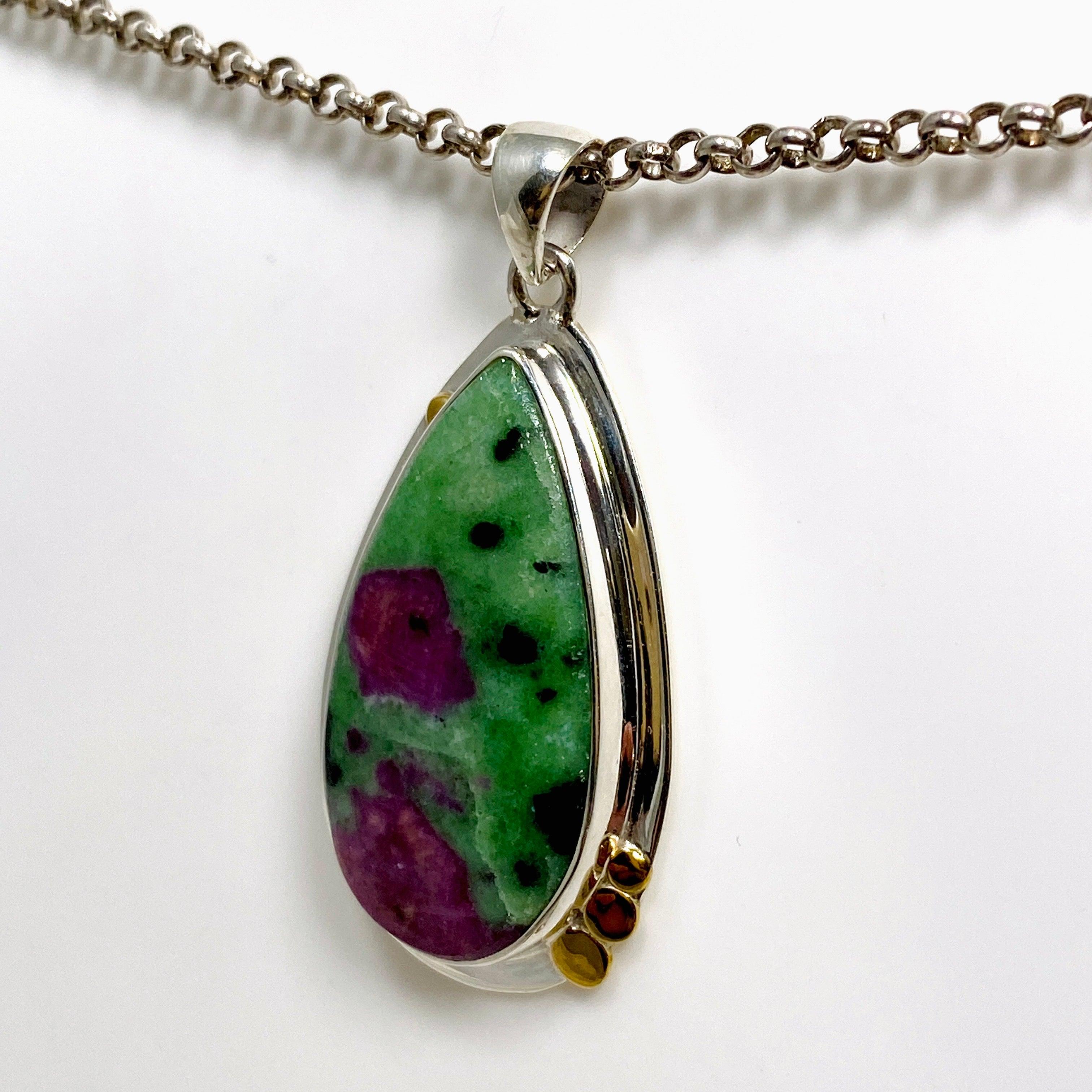 Natural Ruby in Zoisite Teardrop Pendant Necklace - Handcrafted Sterling Silver Jewelry KPGJ4494 | Perfect for Spiritual Healing, Meditation & Elegant Occasions