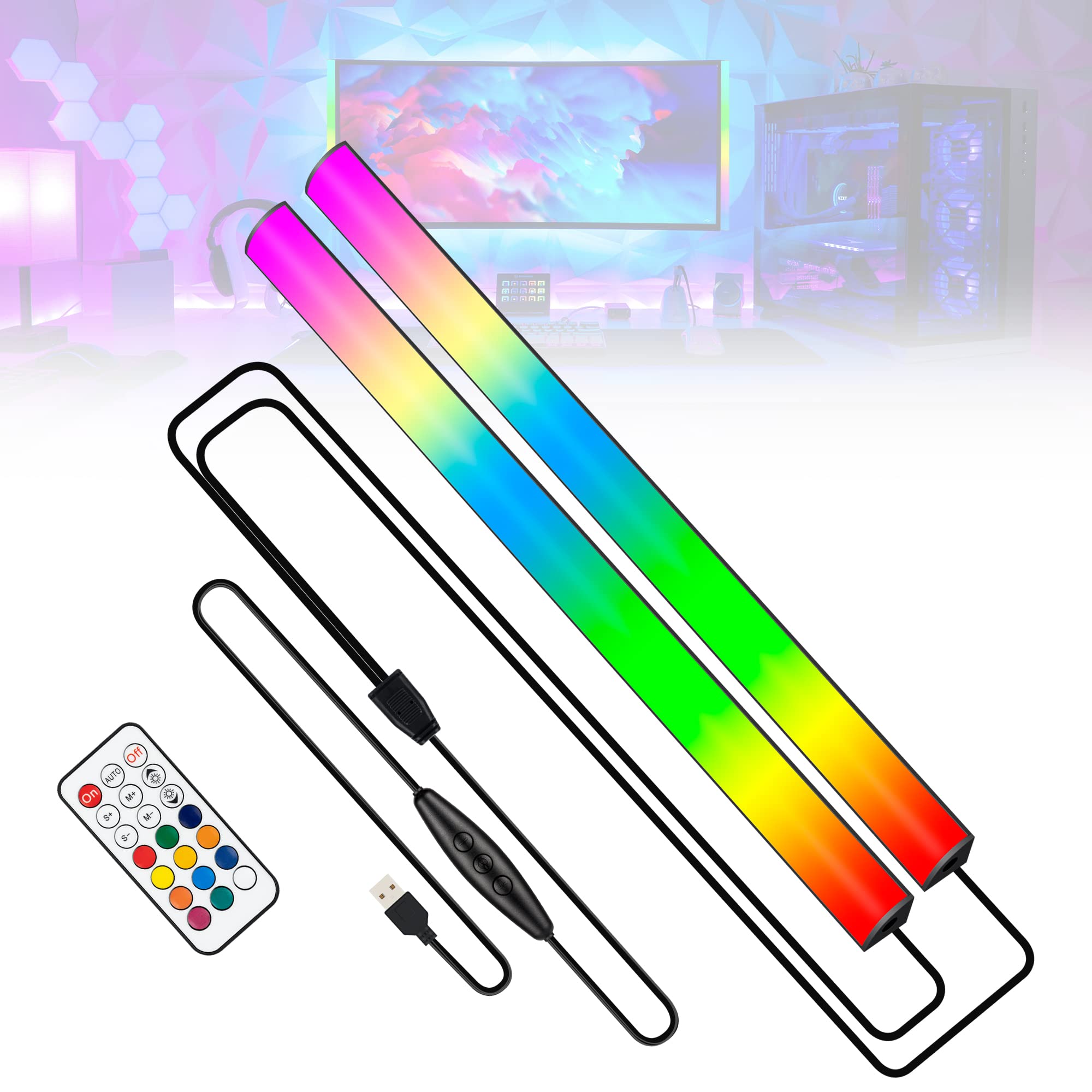 JUSJUBR 2PC RGB Under Monitor Light Bar - 353 Color Modes Gaming LED Desk Lamp with Remote Control for PC Setup, Room Decor & Streaming Studio Lighting | Perfect for Gaming, Work & Nighttime Reading