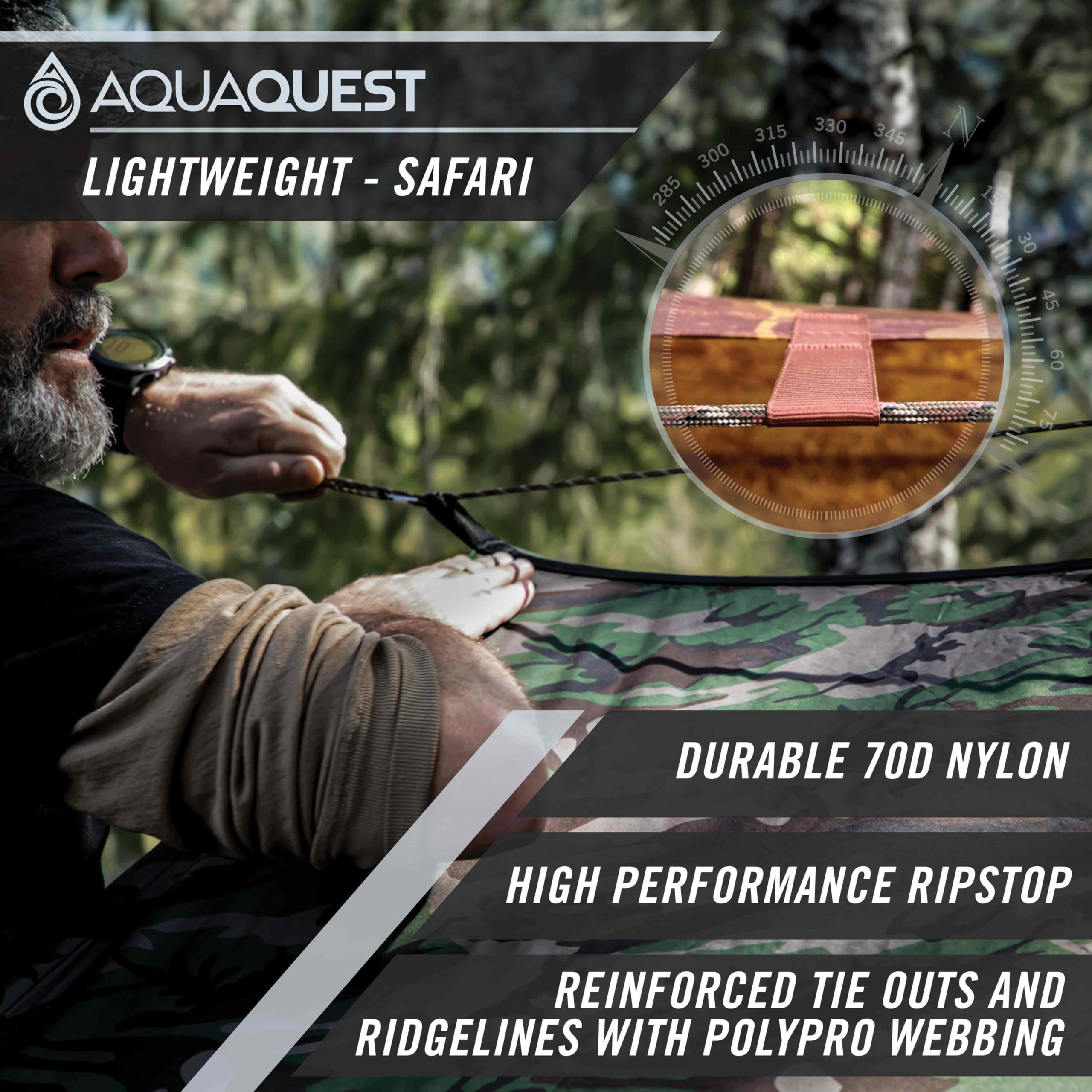 AquaQuest Safari Waterproof Camping Tarp - Ultra Lightweight & Durable Rain Fly Shelter for Hiking, Backpacking, Hammock Camping - Perfect for Outdoor Adventures, Emergency Shelter & All-Weather Protection
