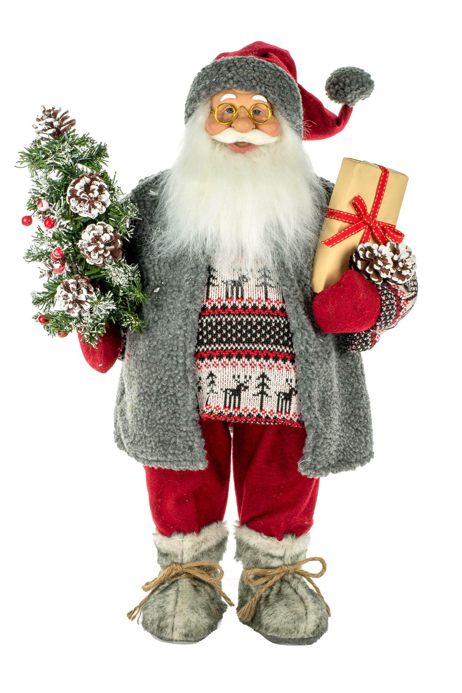 24'' Red Fabric Santa Claus with Reindeer-Print Sweater - Christmas Holiday Decor, Festive Home Decoration, Perfect Gift for Christmas Party & Fireplace Mantel Decor