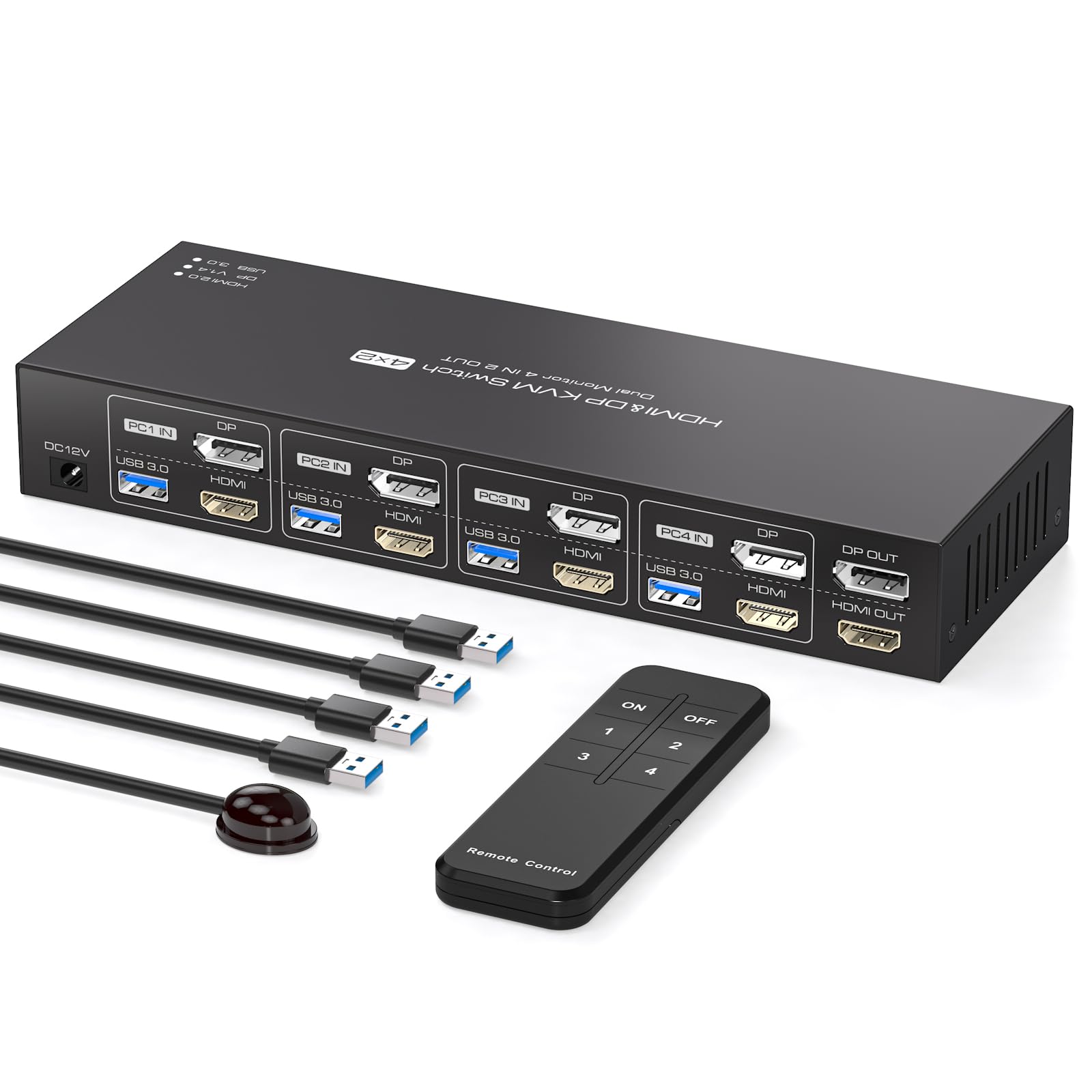 4K@60Hz DisplayPort HDMI KVM Switch for 2 Monitors & 4 Computers - Dual Monitor KVM Switch with 4 USB 3.0 Ports & IR Remote Control - Perfect for Home Office, Gaming Setup, and Multi-PC Workstations