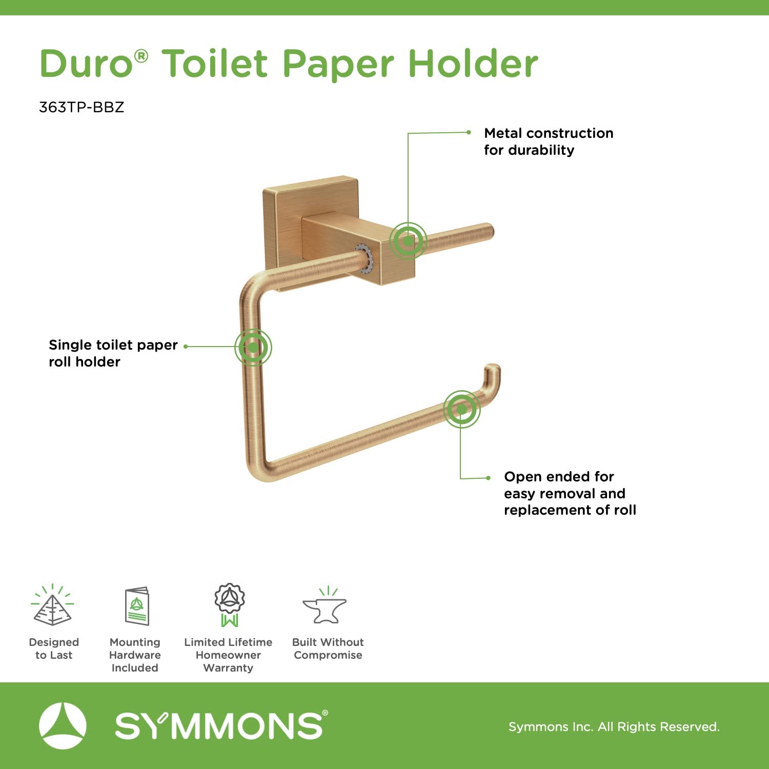 Symmons 363TP-BBZ Brushed Bronze Wall-Mounted Toilet Paper Holder - Durable Bathroom Tissue Dispenser for Home, Hotel & Commercial Use