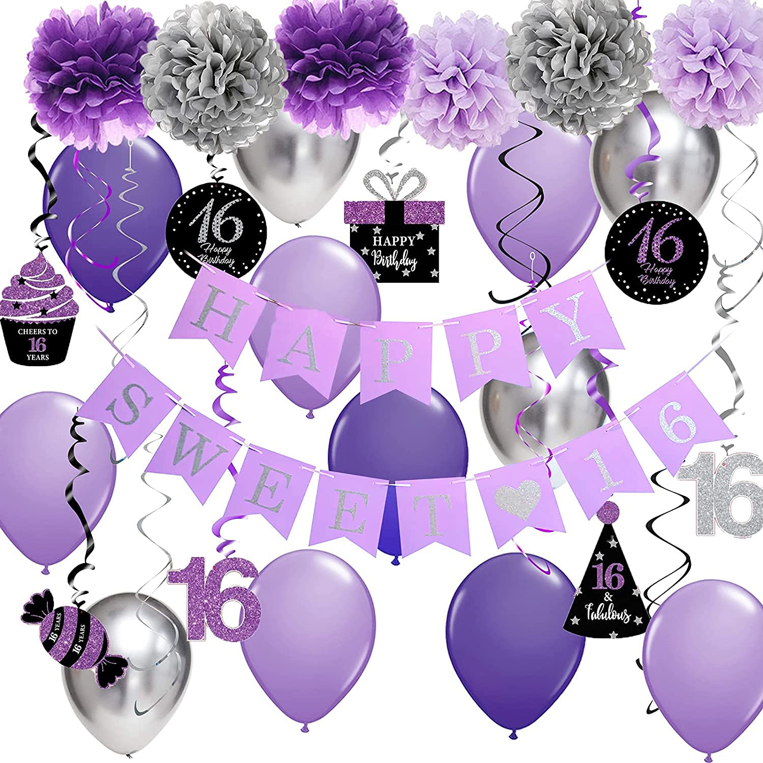 Sweet 16 Birthday Party Decorations - Purple & Silver Black Foil Hanging Swirls Banner for Girls | 16th Birthday Party Supplies | Perfect for Sweet Sixteen Decor, Wall Decorations & Photo Backdrops