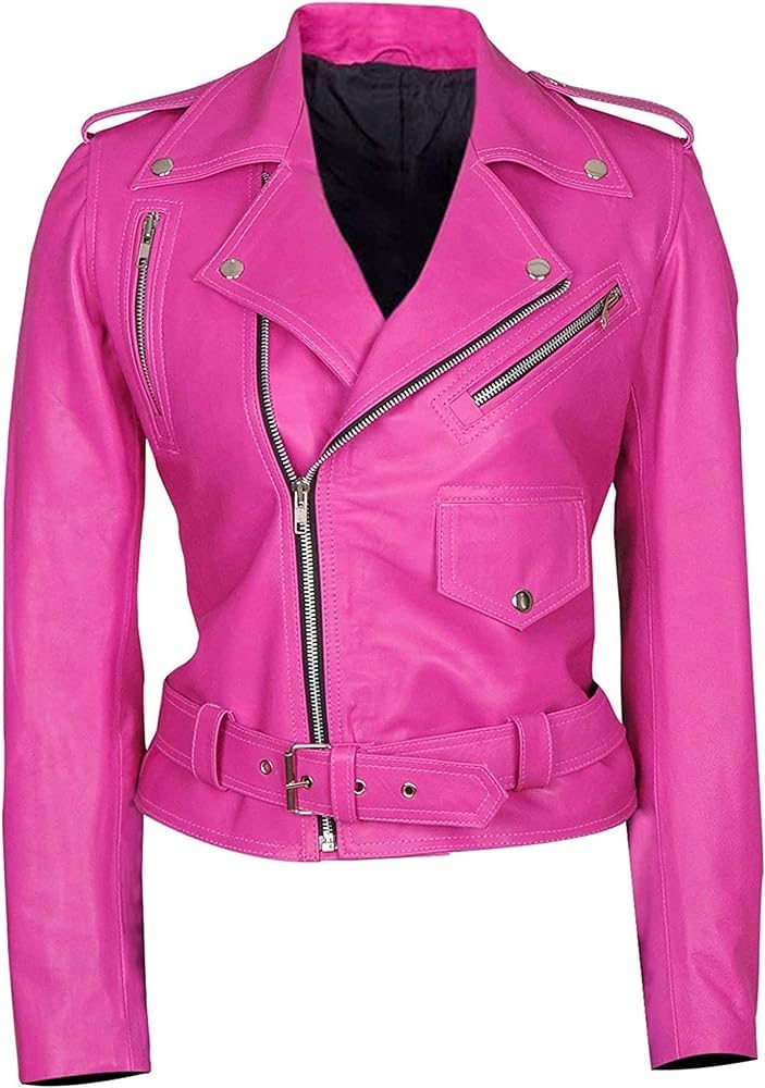 BLS Women's Genuine Lambskin Leather Motorcycle Jacket - Hot Pink Belted Slim Fit Biker Jacket for Ladies | Brando Style Streetwear | Perfect for Riding, Night Out & Fashion Statement