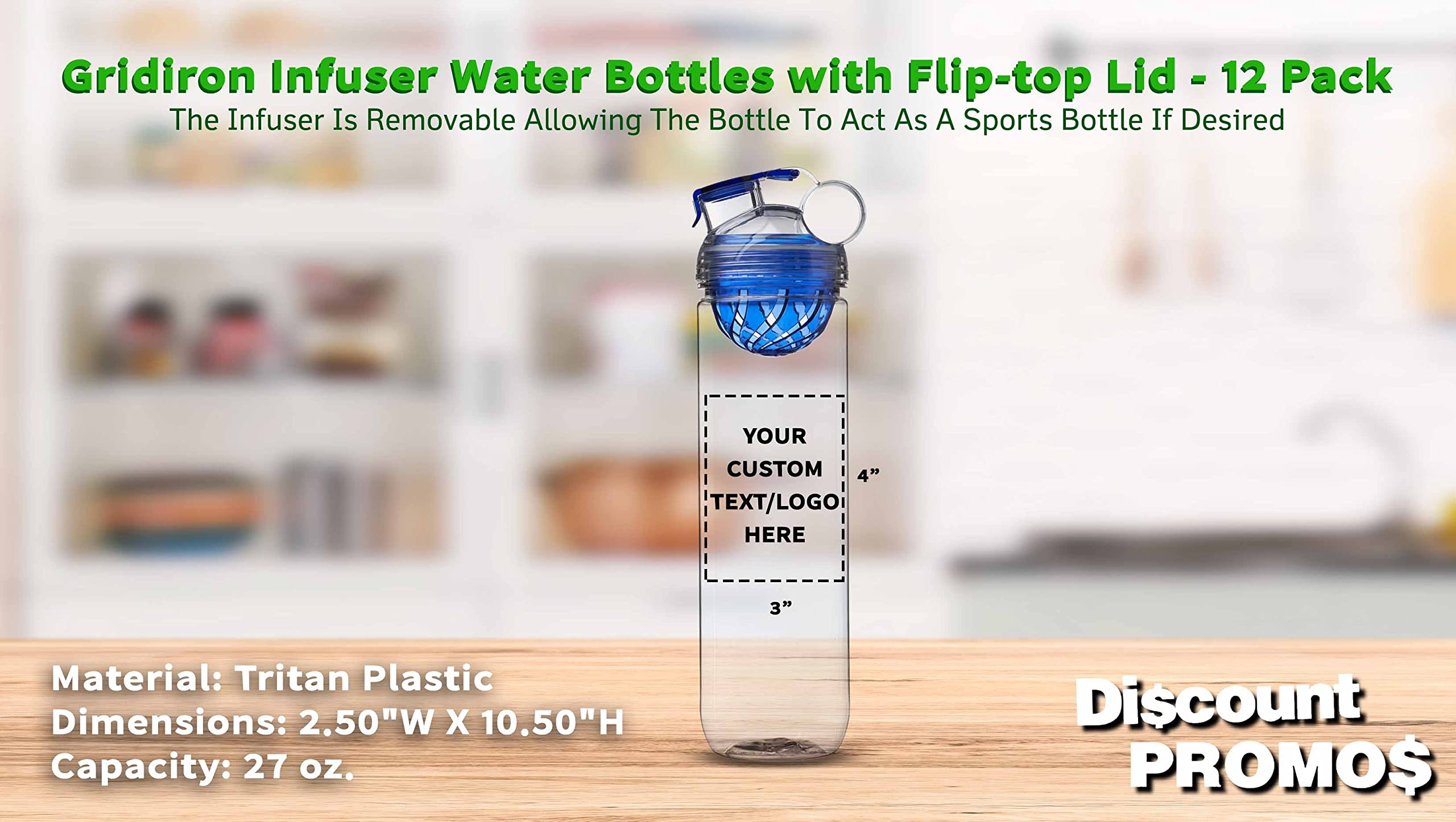 12 Pack Gridiron Infuser Water Bottles - 27oz BPA-Free Sports Bottle with Flip-Top Lid, Leakproof Design & Custom Text/Logo Printing - Perfect for Gym, Office & Outdoor Activities