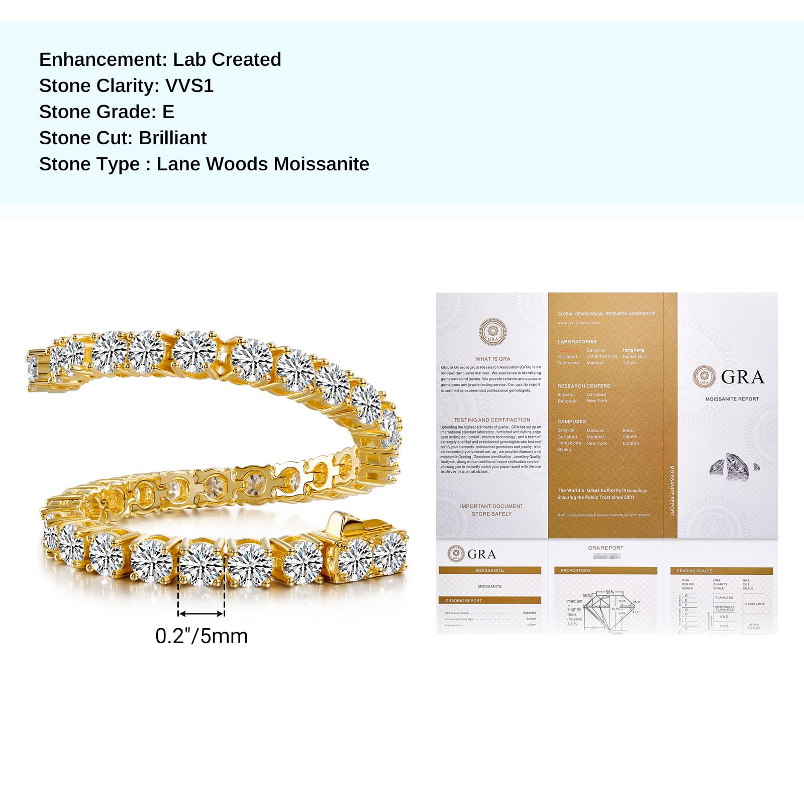 LANE WOODS Moissanite Tennis Bracelet for Women - 14K Gold Plated 925 Sterling Silver Simulated Diamond Bracelet, Elegant Jewelry Gift for Valentine's Day, Anniversary, Birthday & Special Occasions