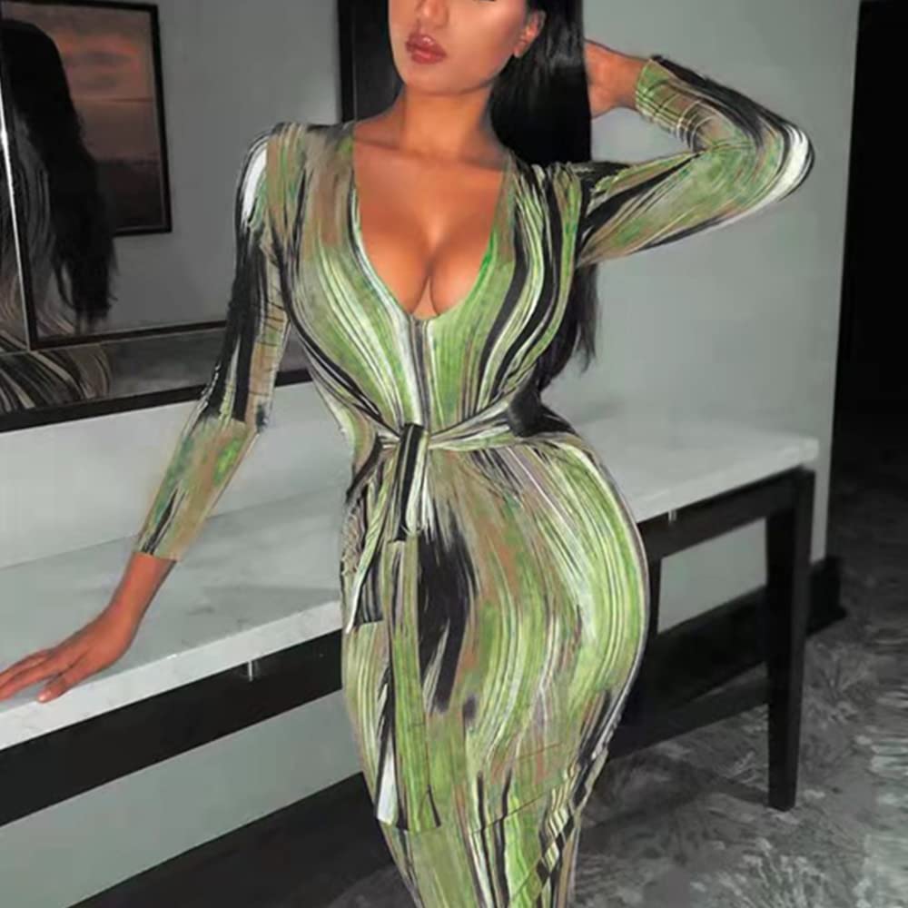 Elegant Women's Bodycon Tie Waist Wrap Dress - V Neck Long Sleeve Midi Cocktail Party Dress for Night Out, Date Night & Special Occasions