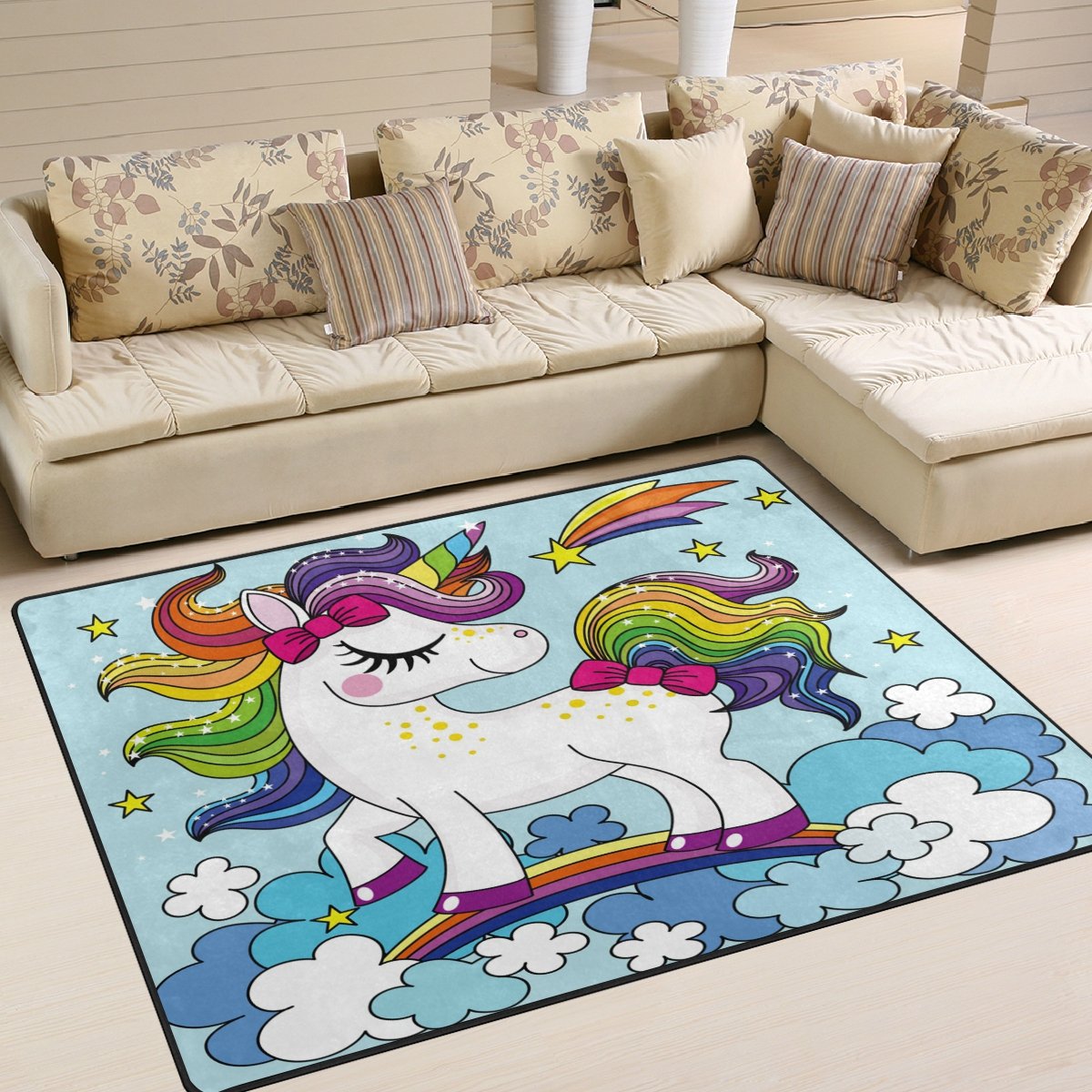 ALAZA Cartoon Rainbow Unicorn Cloud Star Area Rug - Soft Kids Room Decor 5'3