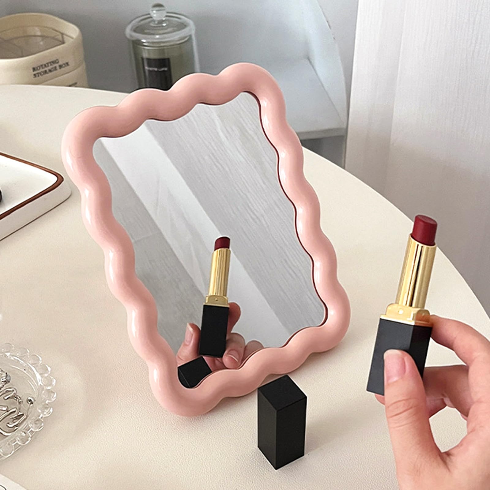 Wave Shaped Vanity Mirror - Portable Folding Makeup Mirror for Travel & Home (6.7X5.3 Inch, Pink) - Perfect for Bedroom & On-the-Go Touch Ups