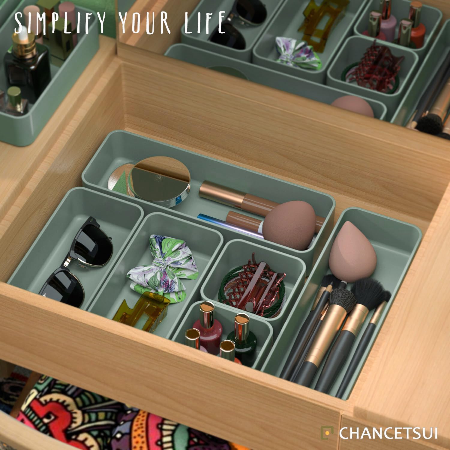 6-Piece Stackable Drawer Organizer Set - Versatile Storage Bins for Makeup, Office, Kitchen & Bathroom | Space-Saving Drawer Trays for Bedroom, Vanity & Desk Organization (Green) - Perfect for Home, Dorm & Office Storage Solutions