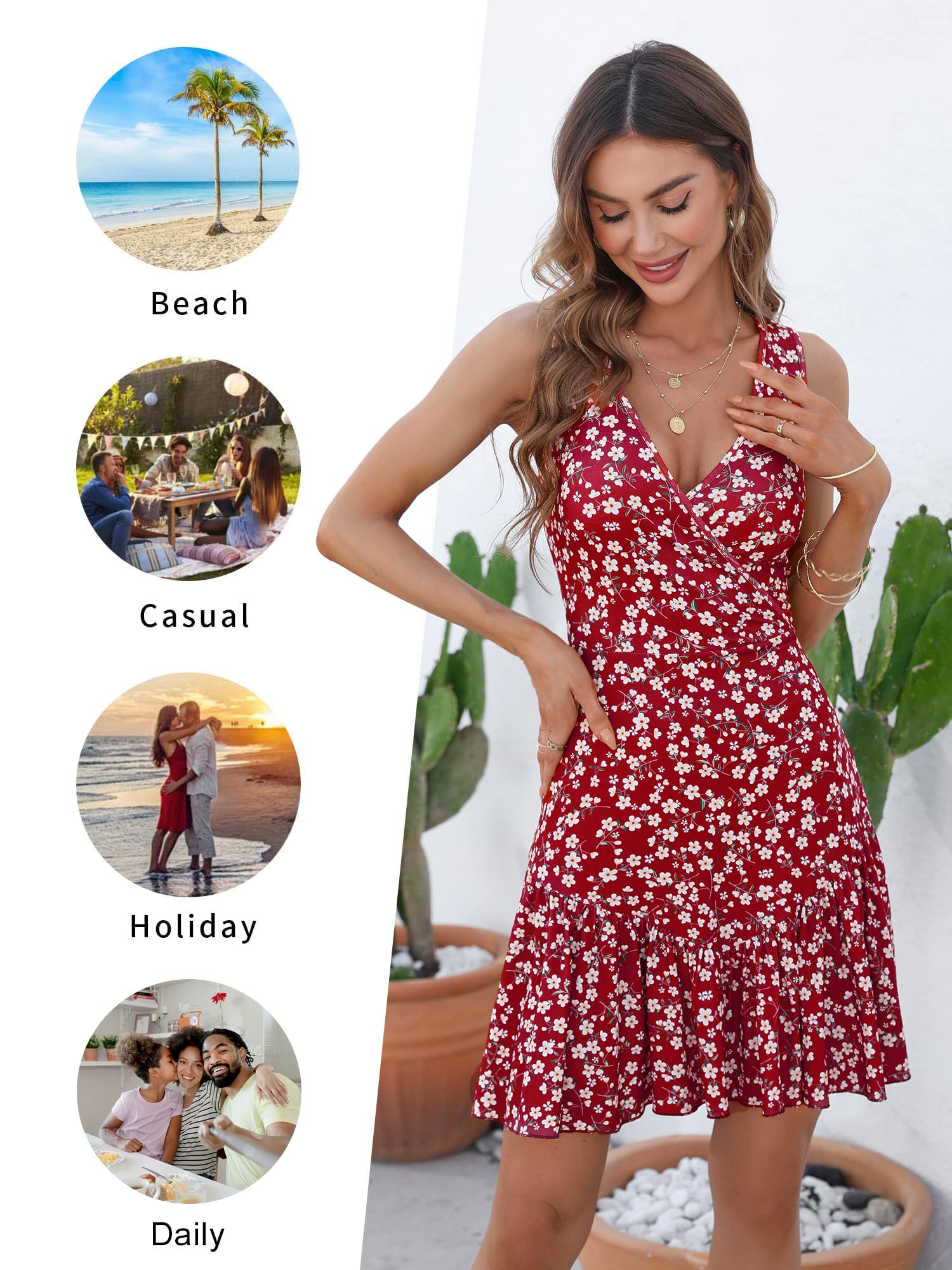 FENSACE Women's Floral Wrap Sundress - Sleeveless V-Neck Mini Dress for Summer | Beach, Vacation & Date Night Outfit