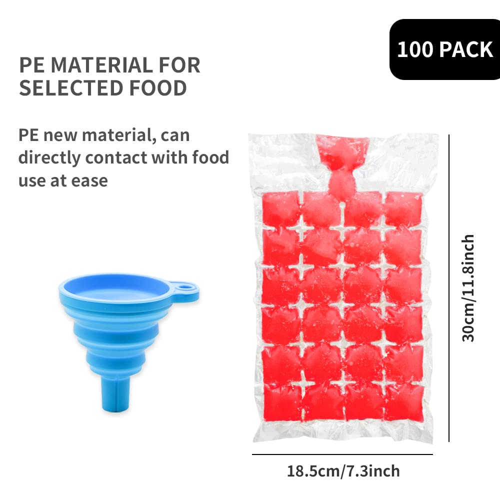 100 Pack Disposable Ice Cube Bags with Self-Sealing - Reusable Freezer Bags for Easy Ice Making, Includes 1 Collapsible Silicone Funnel - Perfect for Parties, Camping, and Home Bars