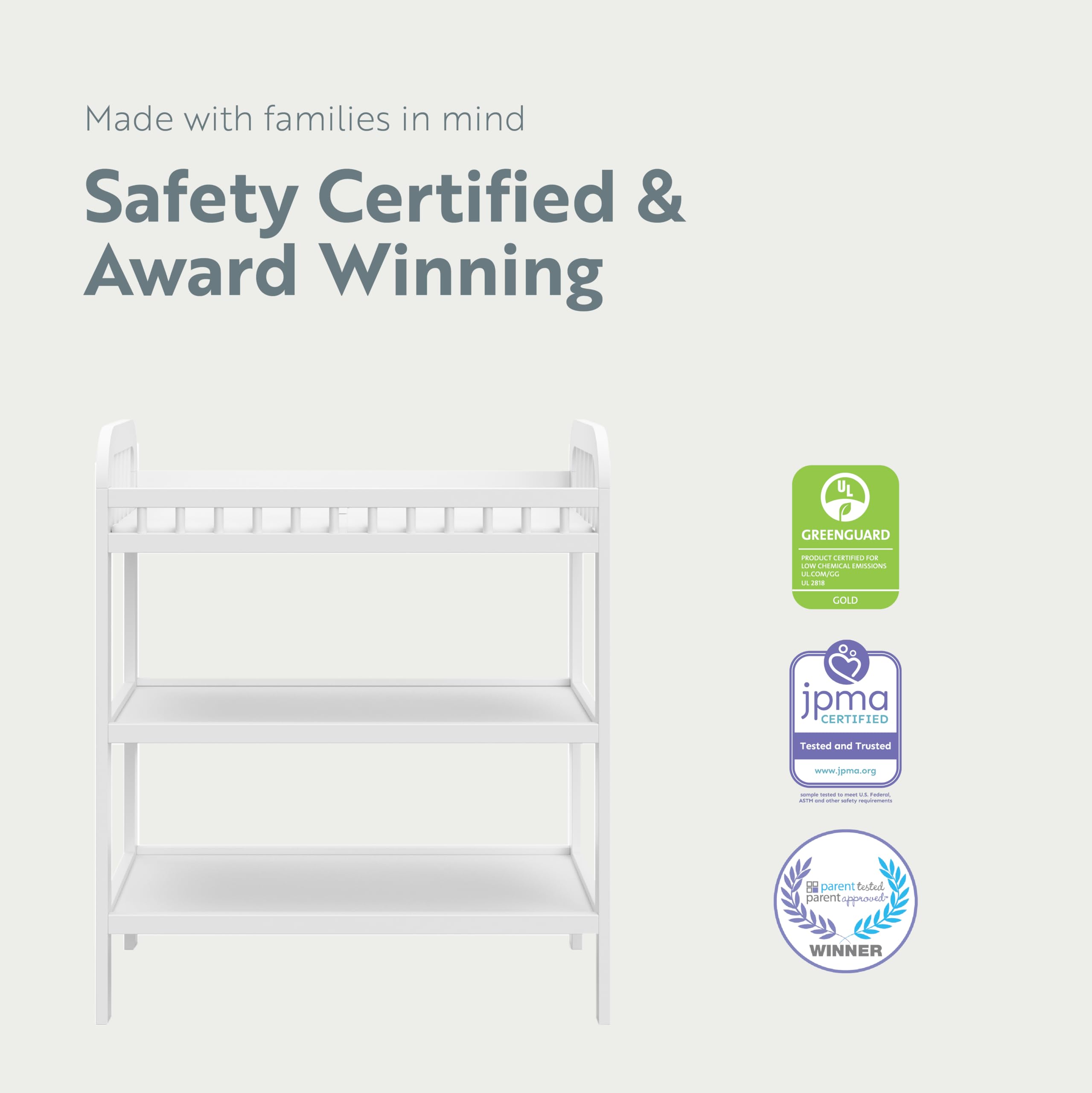 Storkcraft Pasadena White Changing Table with Water-Resistant Pad - GREENGUARD Gold Certified Baby Nursery Furniture, 2 Open Shelves & Safety Strap | Perfect for Diaper Changing, Baby Care Organization in Nursery Rooms