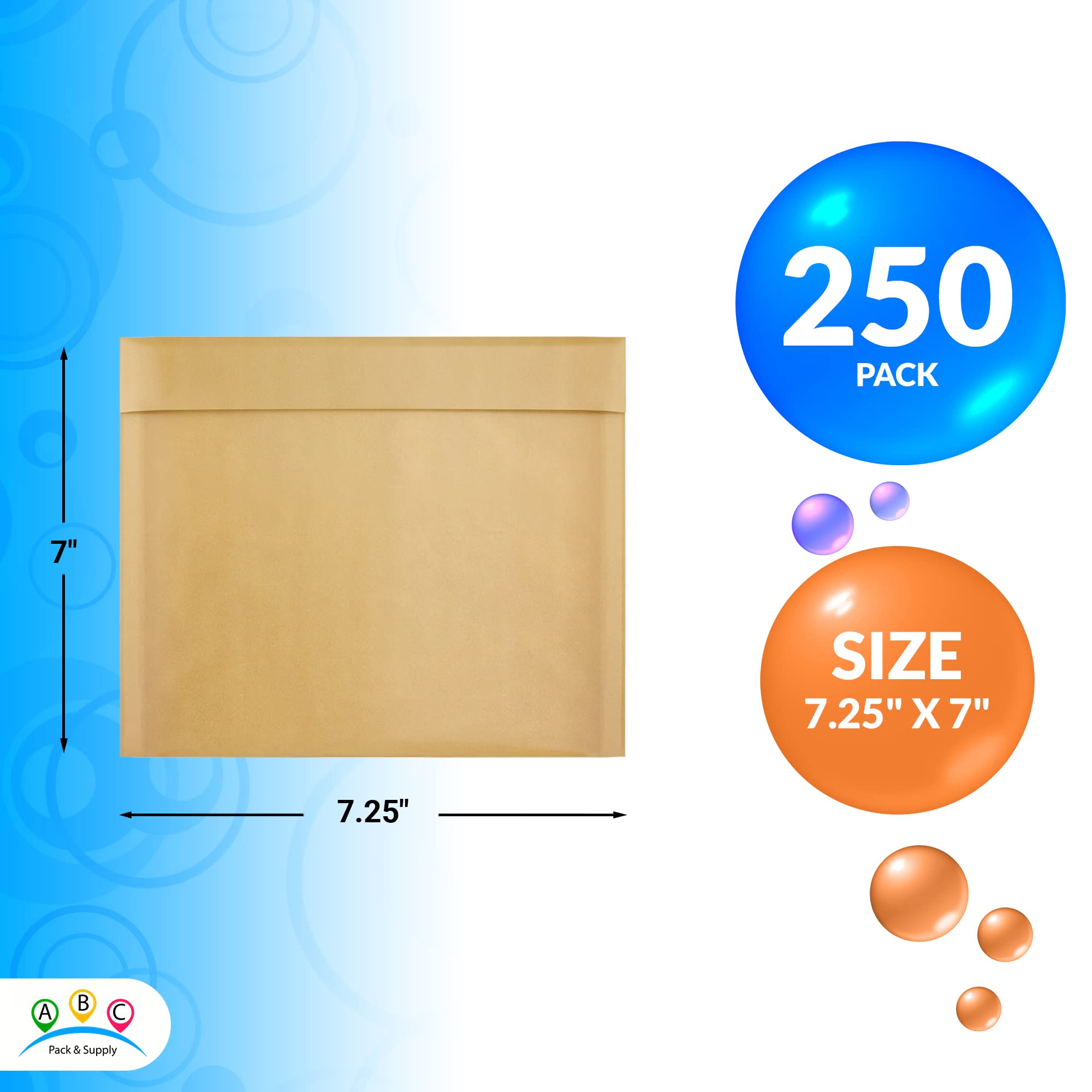 ABC 7.25x7 Inch Brown Kraft Bubble Mailer Envelopes - 250 Pack Self Seal Padded Mailing Bags | Water-Resistant & Opaque Shipping Envelopes for Jewelry, Cosmetics, Small Gifts | Perfect for Ecommerce, Amazon FBA & Small Business Shipping