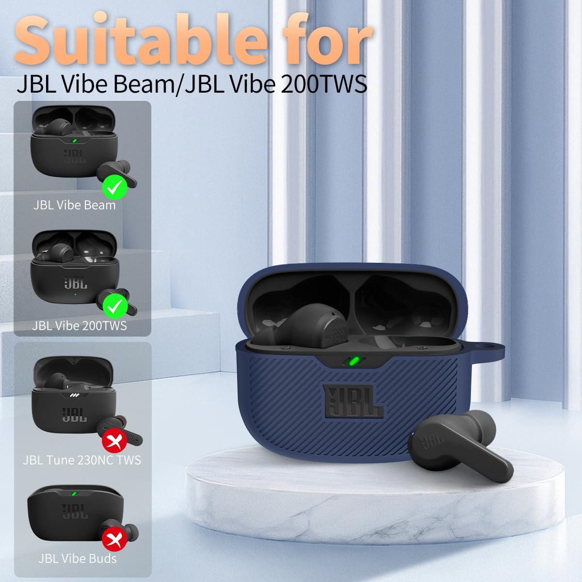JBL Vibe 200TWS & Vibe Beam Silicone Protective Case Cover with Carabiner - Shockproof Charging Case for True Wireless Headphones (Blue) | Perfect for Gym, Travel & Outdoor Activities