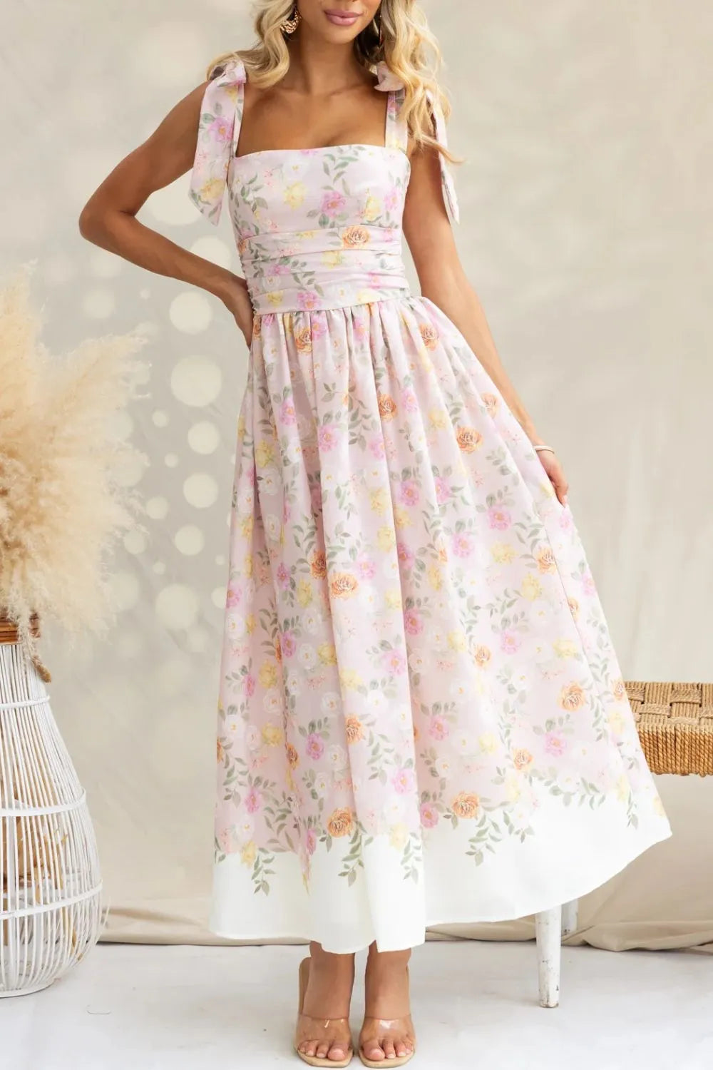 Floral Print Tie Shoulder Midi Cami Summer Dress for Women - Perfect for Beach Vacations, Date Nights & Outdoor Parties