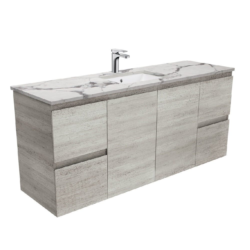 Fienza SM150XS Edge Industrial Calacatta Marble Wall Mounted 60-Inch Bathroom Vanity with Single Sink - Modern Luxury for Small Bathrooms & Powder Rooms