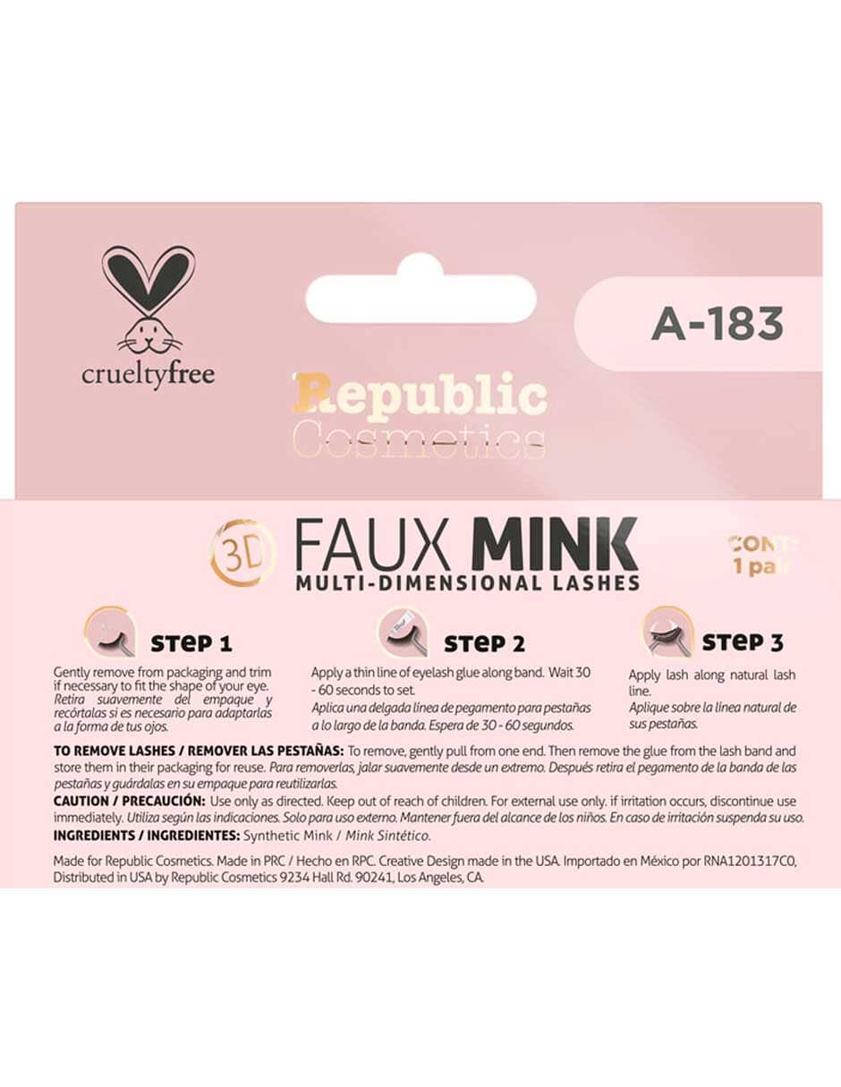 Republic Cosmetics 3D Faux Mink Eyelashes - Model A 183 (1 Pair in Box) - Natural Looking False Lashes for Everyday Wear & Special Occasions