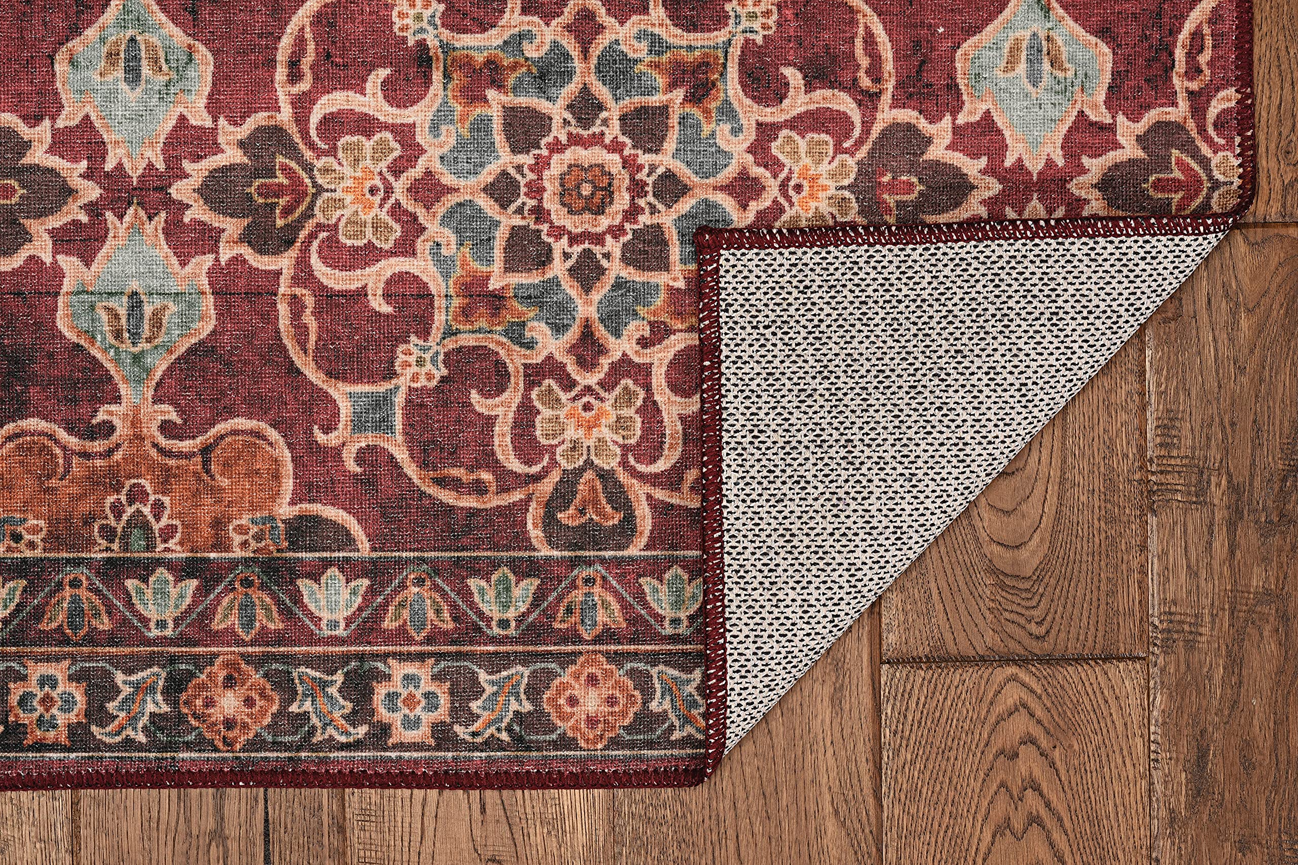 Linon Home Decor Washable Area Rug 5' x 7' - Yarit Garnet & Ivory - Soft Non-Slip Indoor Outdoor Rug for Living Room, Bedroom, Patio