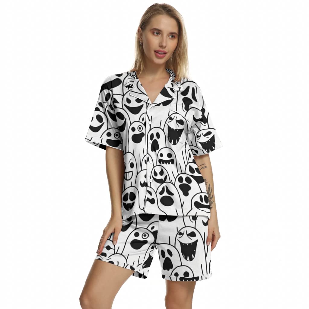 Women's Halloween Silk Pajama Set - Spooky Short Sleeve Sleepwear for Party & Lounge