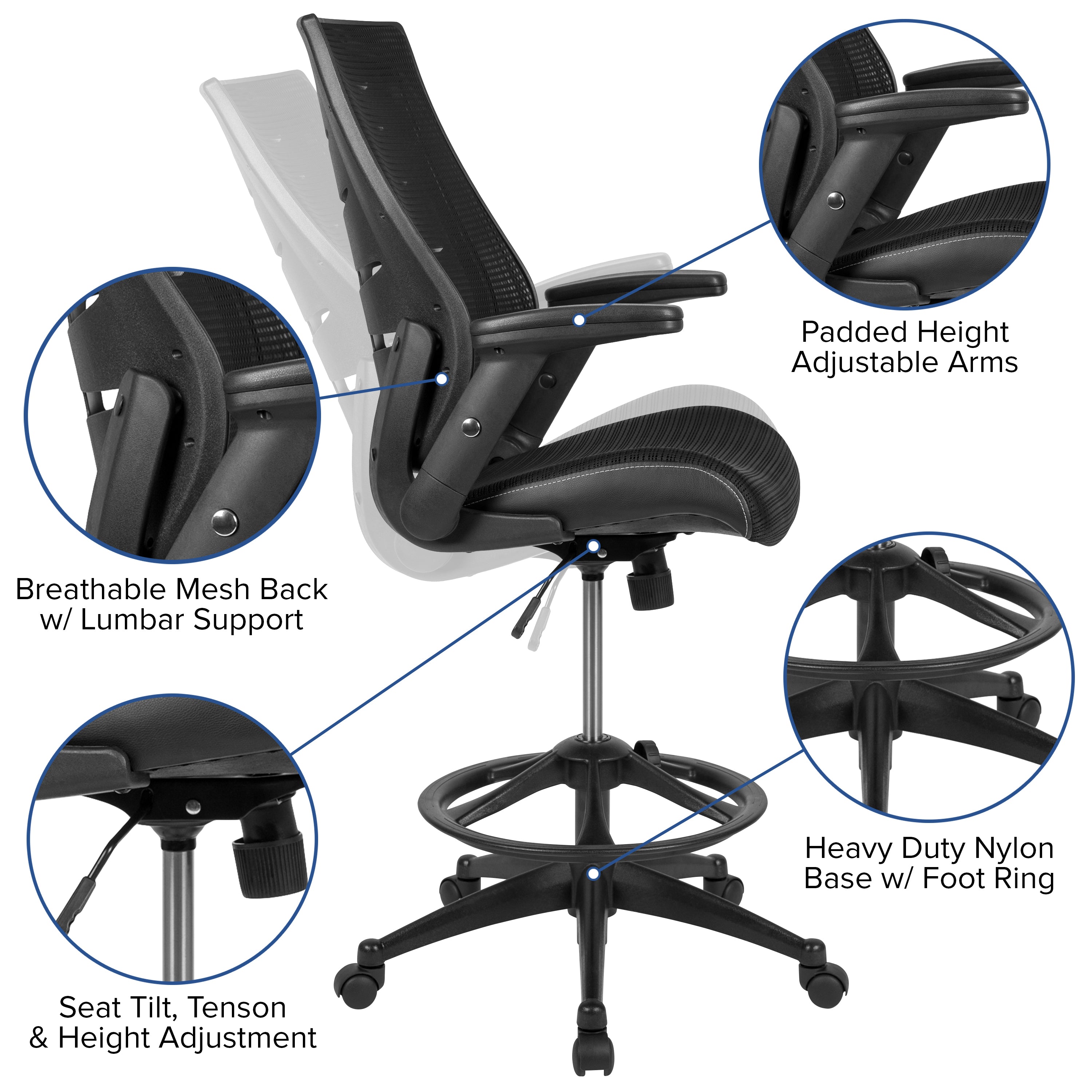 FLASH Kale High Back Ergonomic Drafting Chair - Adjustable Mesh Spine Support, Foot Ring & Flip-Up Arms - Perfect for Office, Gaming & Home Workspaces