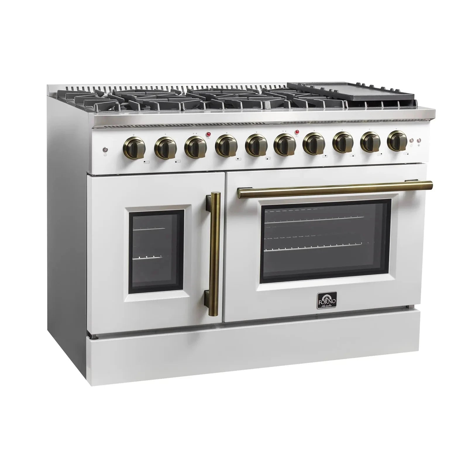 Forno Galiano 48-Inch Freestanding All Gas Range with French Doors - White with Antique Brass Trim (Model FFSGS6444 48WHT) - Perfect for Modern Kitchens & Professional Chefs