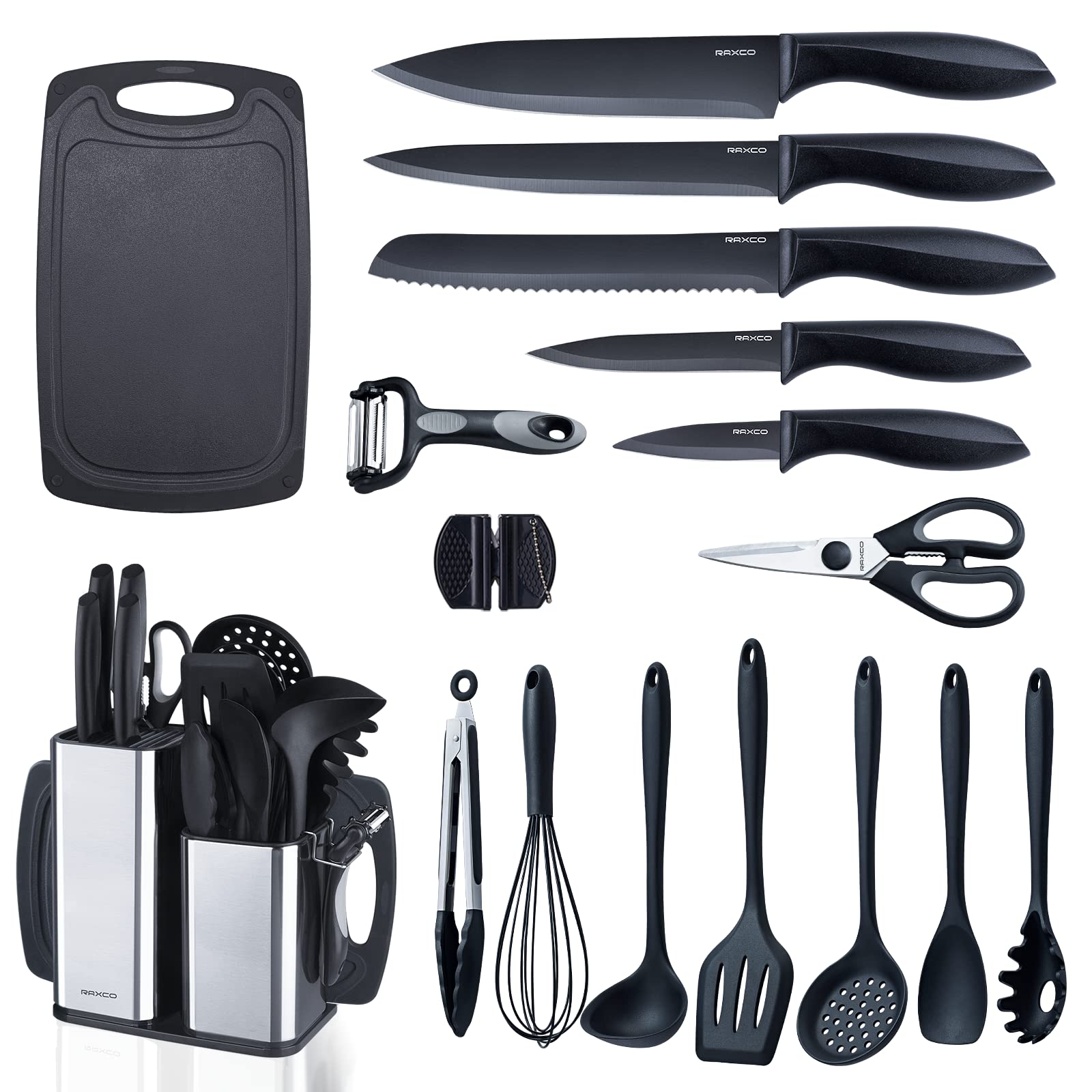 RAXCO 18-Piece Kitchen Utensil Set with Stainless Steel Holder & Cutting Board - Premium Cooking Tools & Knives for Home Chefs | Perfect for Meal Prep, Cooking, and Kitchen Organization