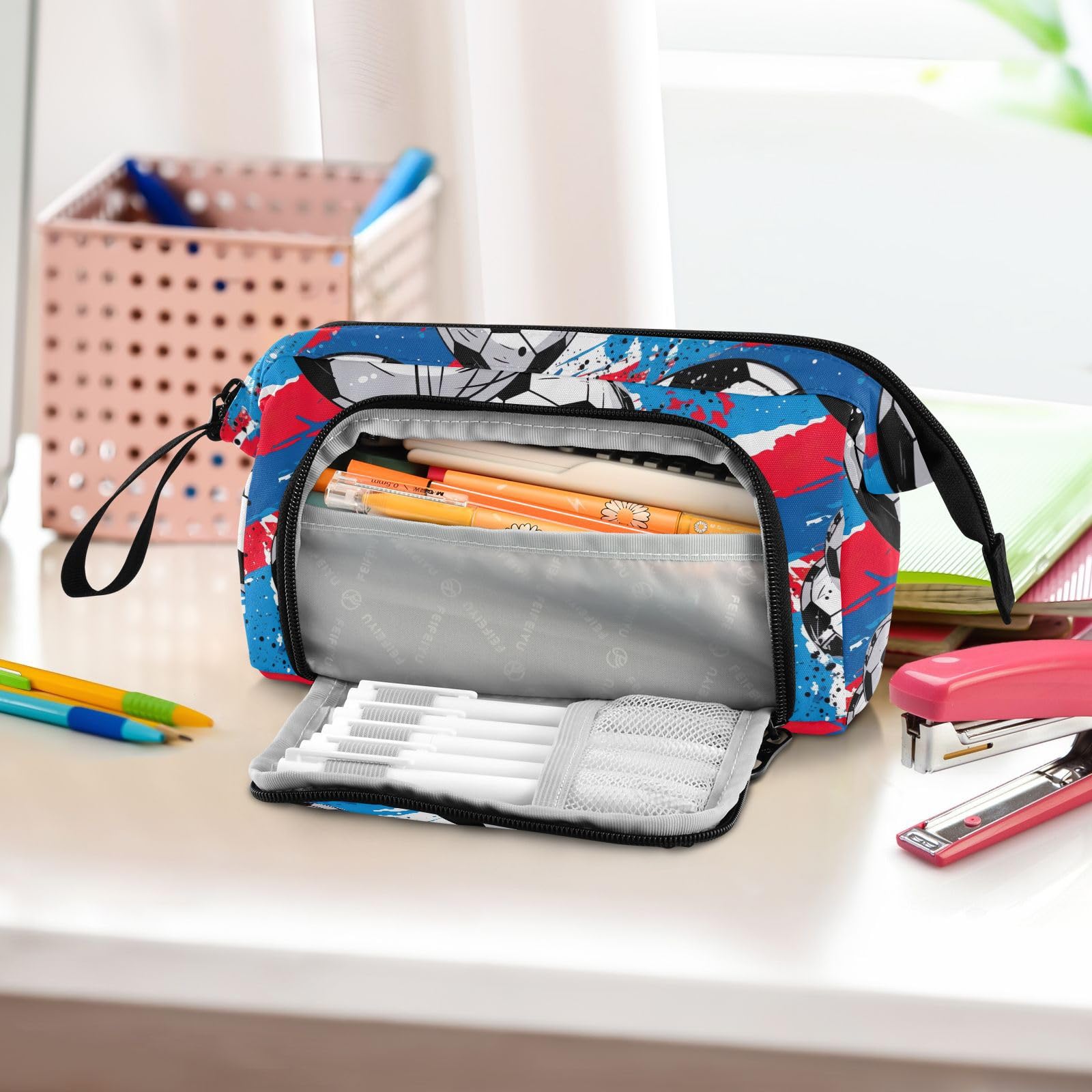 Large Capacity Aesthetic Soccer Football Pencil Case - Red & Blue Pen Bag with Multiple Compartments, Portable School Stationery Organizer for Teens, Boys, Girls & Adults | Perfect for School, Office & Travel Use