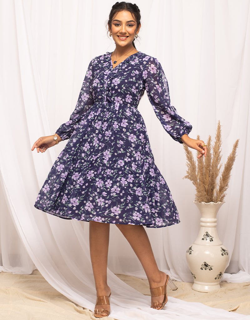 Elegant Blue Georgette Designer Party Dress - Ready to Wear One-Piece with Printed Details | Perfect for Evening Events, Weddings & Special Occasions