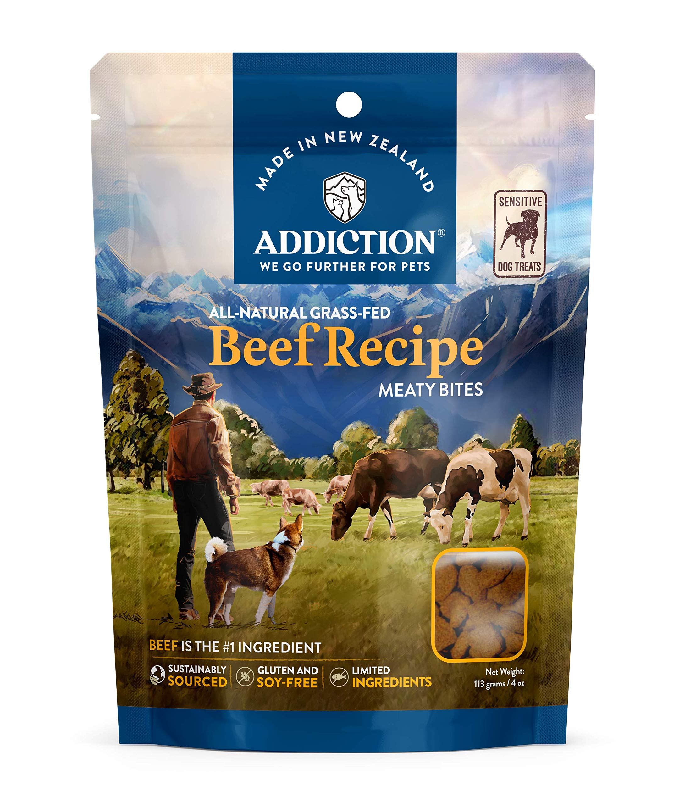 Addiction Meaty Bites Beef Recipe Dog Treats - Grain-Free, Gluten-Free Soft Dog Snacks with High Meat Content - Made in New Zealand - 4oz - Perfect for Training Rewards & Allergy-Prone Dogs