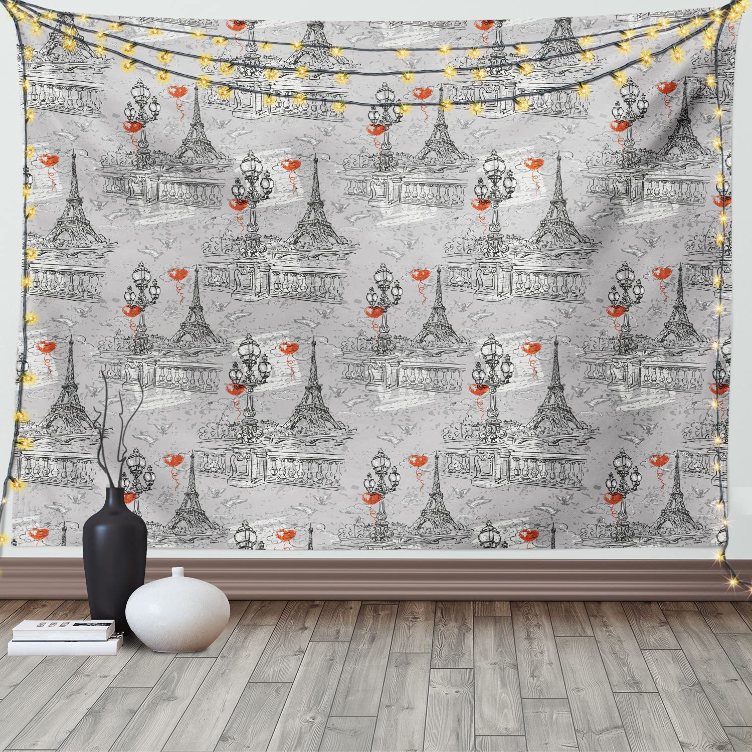 Ambesonne Vintage Eiffel Tower Tapestry - Grunge Effect River Seine & Doves Wall Art Decor, 60x40 Inch Black Grey Red Wall Hanging for Bedroom, Living Room, Dorm | Parisian Theme Home Decor, Romantic Backdrop for Photo Shoots & Wedding Events