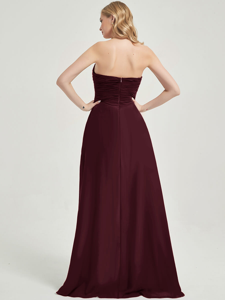 Burgundy Strapless Floor Length Empire Waist Bridesmaid Dress with High Slit - Elegant Formal Gown for Weddings, Prom & Evening Events
