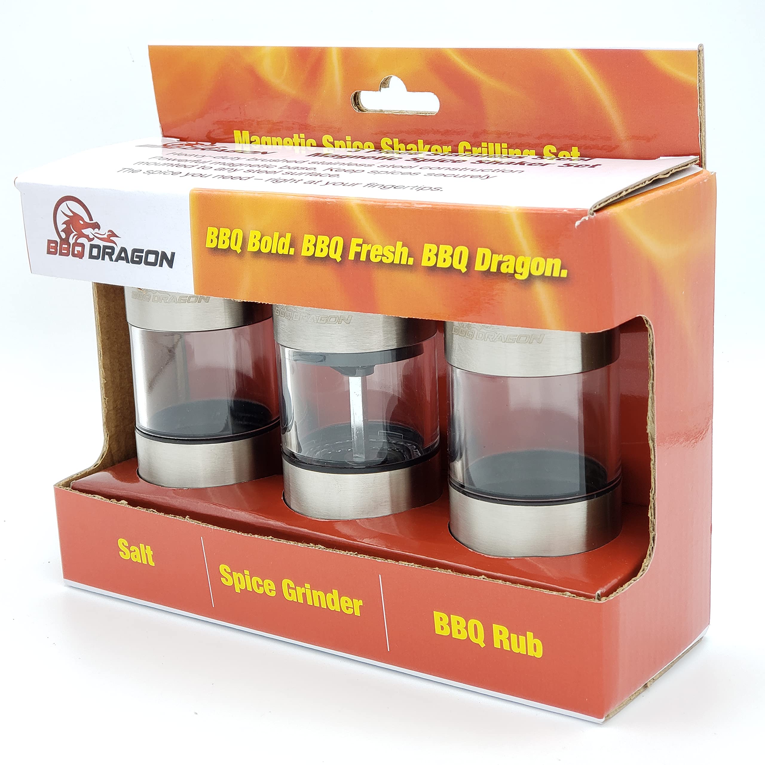BBQ Dragon 3-Piece Magnetic Stainless Steel Salt and Pepper Shakers Set - Refillable Adjustable Grinder for Kitchen, Grill & Outdoor Cooking | Durable Spice Dispenser for BBQ, Camping & Dining Table