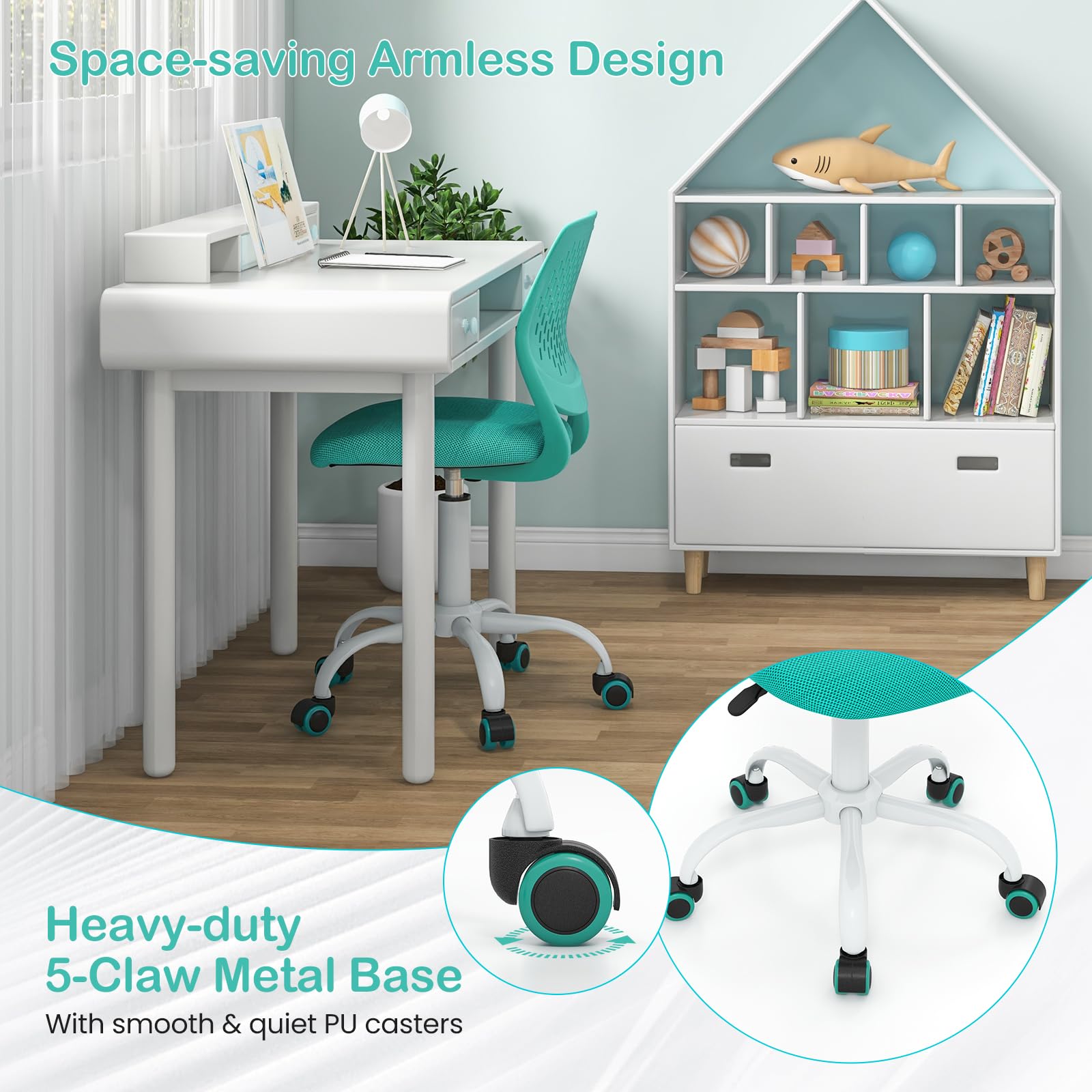 Giantex Adjustable Height Kids Desk Chair - Armless Mesh Study Chair with Swivel & Lumbar Support for Teens - Ergonomic Computer Chair for Home, School & Office - Turquoise