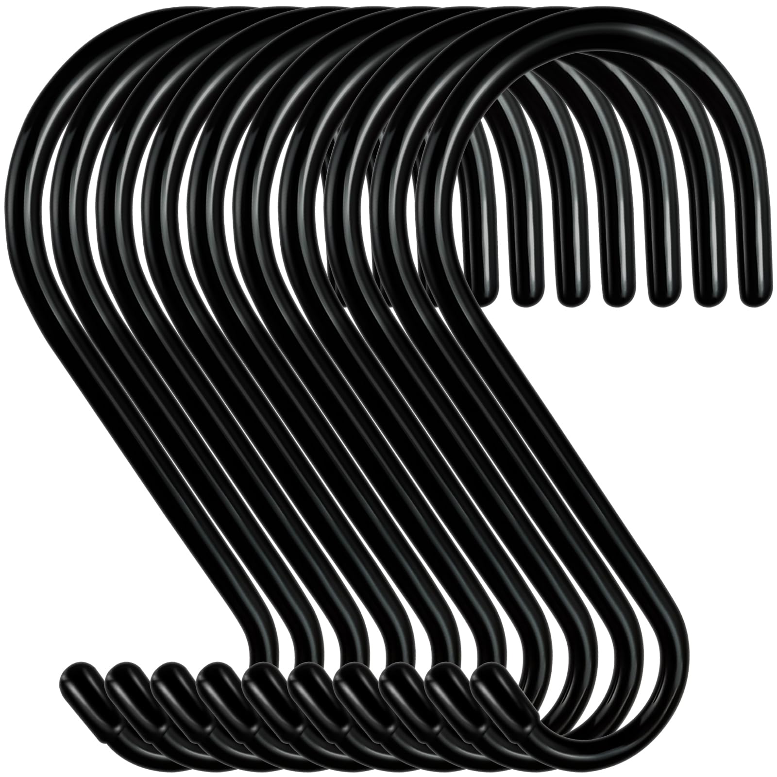 4.5 Inch Heavy Duty Vinyl Coated S Hooks - 10 Pack Non-Slip Black Rubber Hanging Hooks for Plants, Clothes, Bags & Kitchenware - Perfect for Closet, Garage & Outdoor Organization