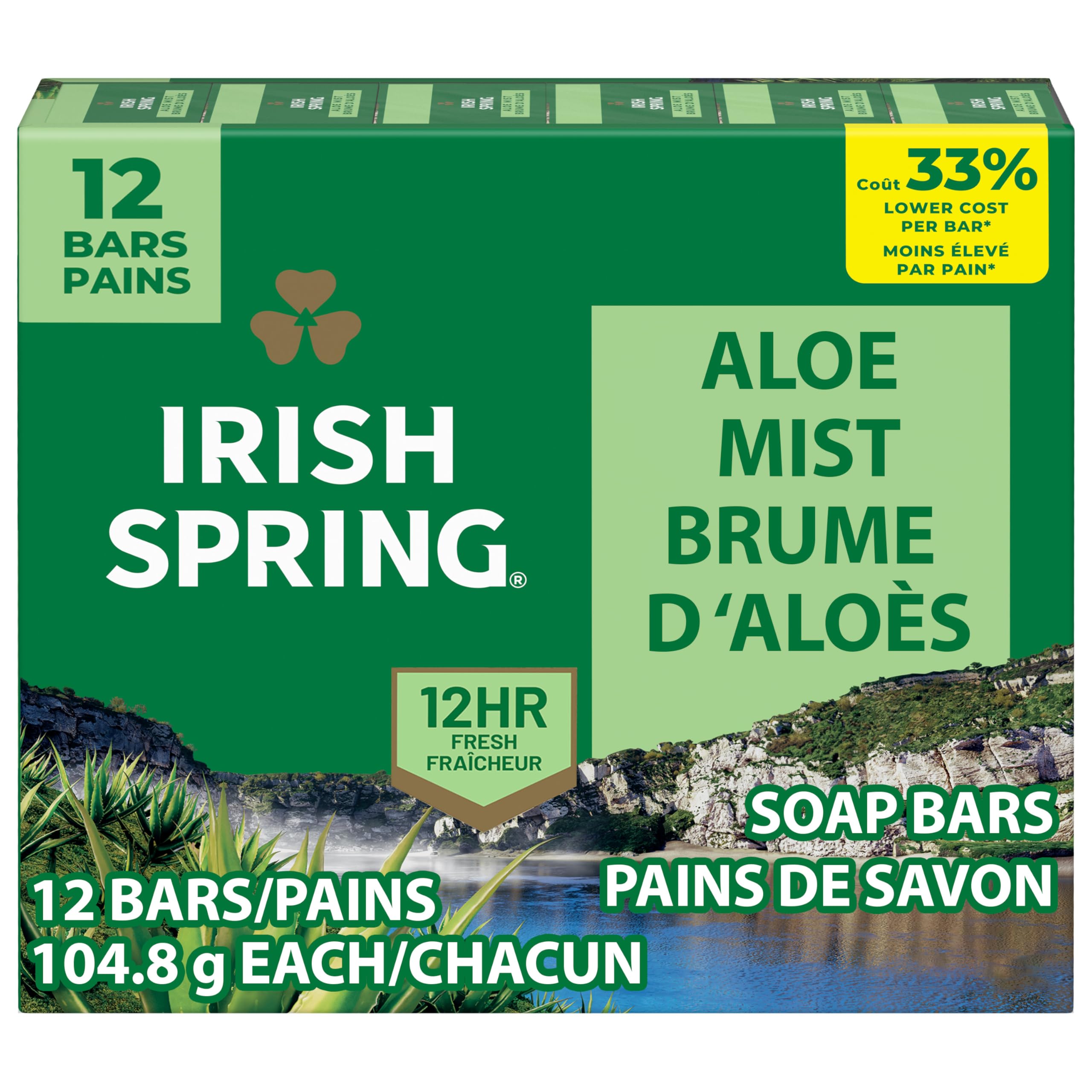 Irish Spring Aloe Vera Moisturizing Bar Soap - 44.4 Oz (12 Pack) | Hydrating & Refreshing Body Wash for Dry Skin | Perfect for Shower, Bath & Travel
