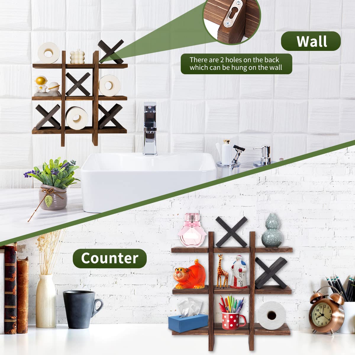 Funny Tic Tac Toe Toilet Paper Holder Stand with 4 Wooden X - Wall Mounted Bathroom Storage for Guest Bathroom Decor - Perfect for Game Lovers & Unique Home Decor