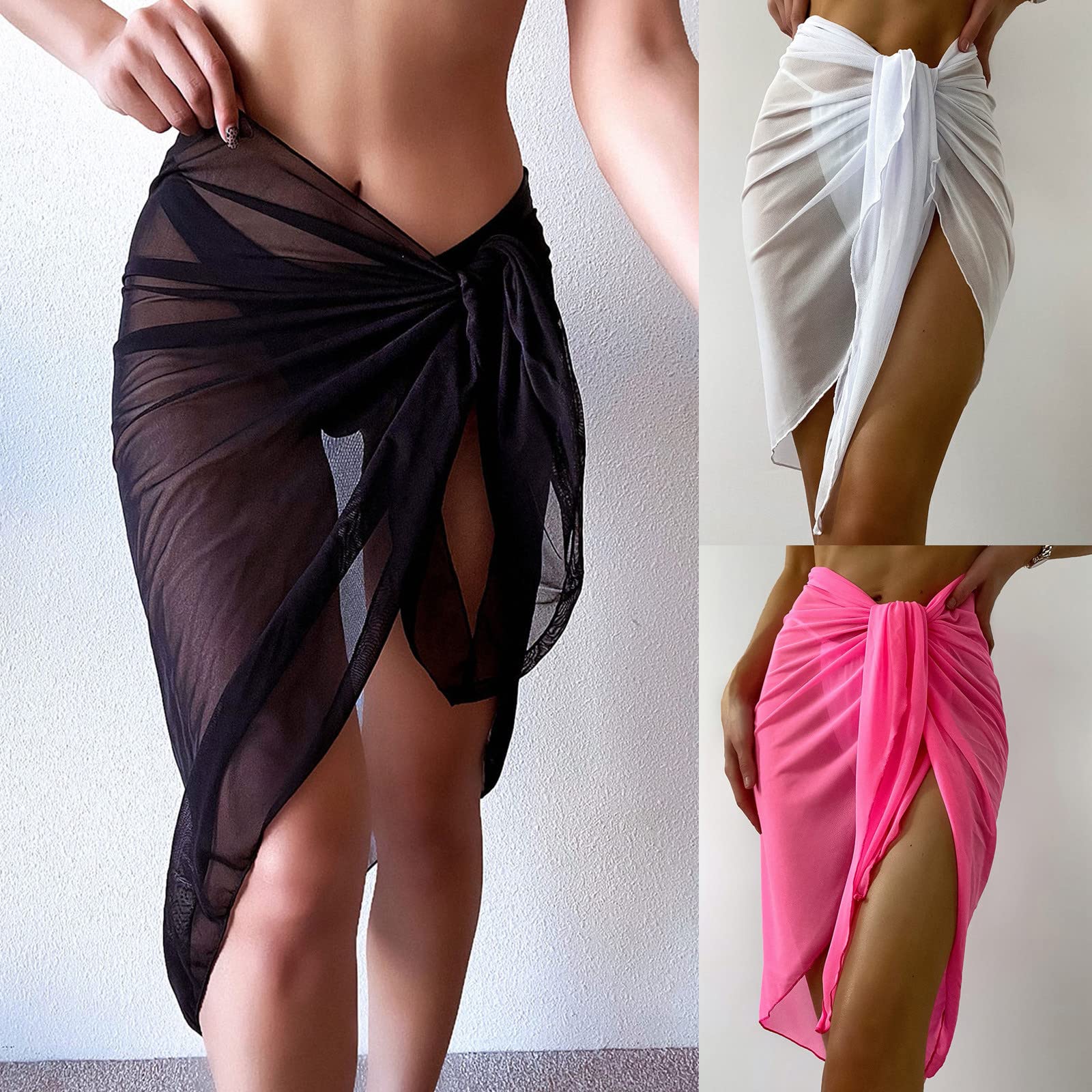 Women's Sheer Wrap Knot Waist Cover Up Skirt - Beach Bikini Wrap Cover Ups Swimwear Robe Set for Pool, Vacation & Summer Outfits