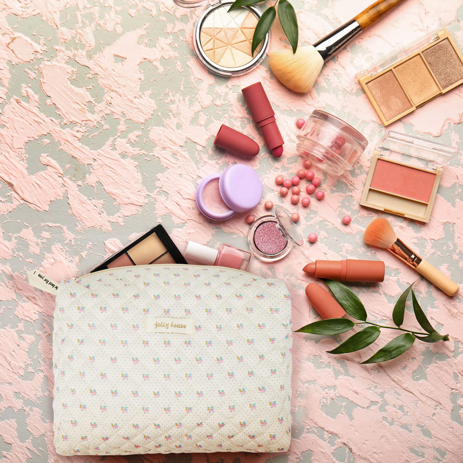 Zeyune 2 Pack Large Cotton Quilted Makeup Bag for Women - Floral Cosmetic Travel Organizer with Skincare Pouch | Perfect for Travel, Gym & Daily Beauty Essentials (Floral Style)