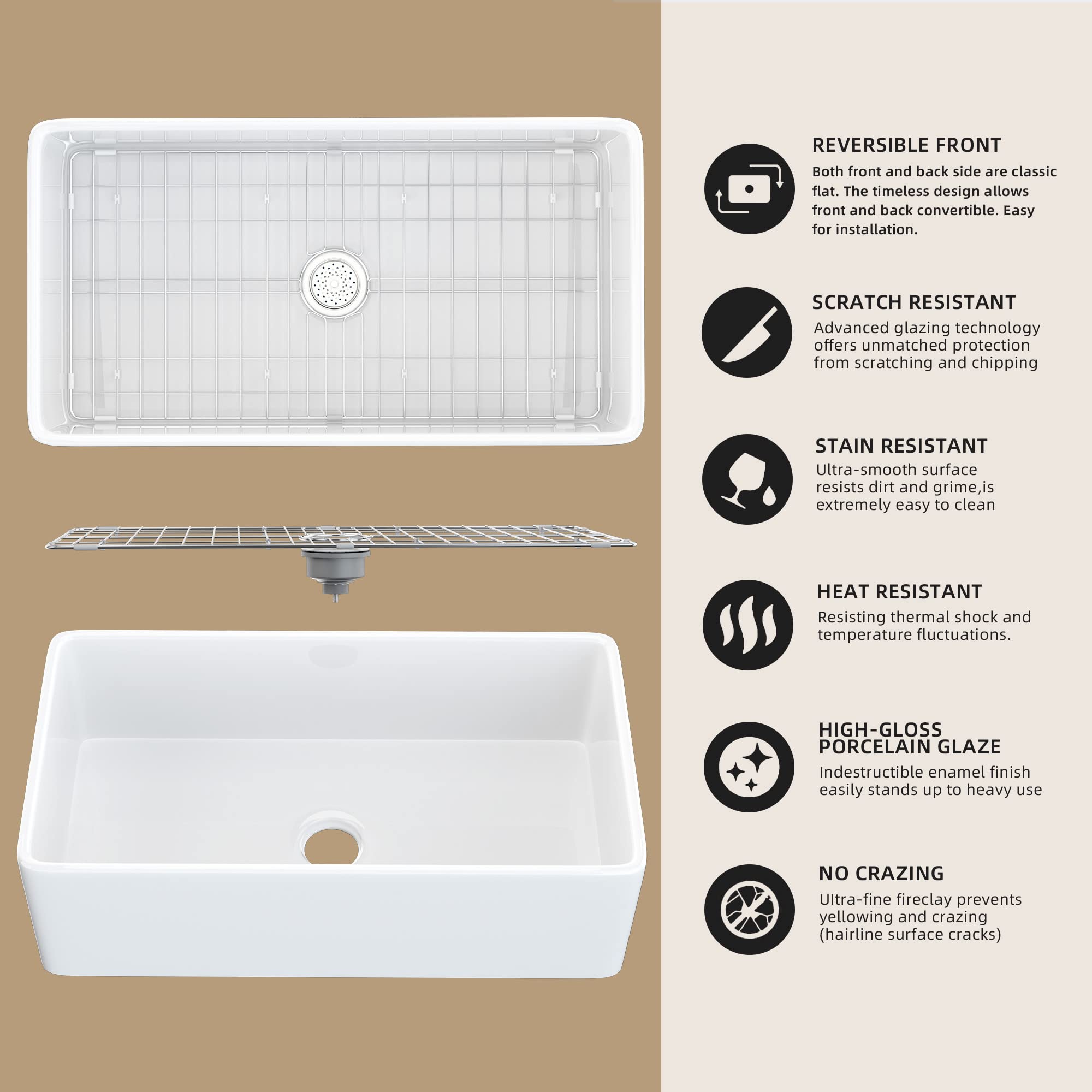 33 Inch White Farmhouse Apron Front Fireclay Kitchen Sink - Large Capacity Deep Single Bowl with Protective Bottom Grid & Strainer - Perfect for Rustic Kitchens, Farmhouse Renovations & Modern Farmhouse Style Homes
