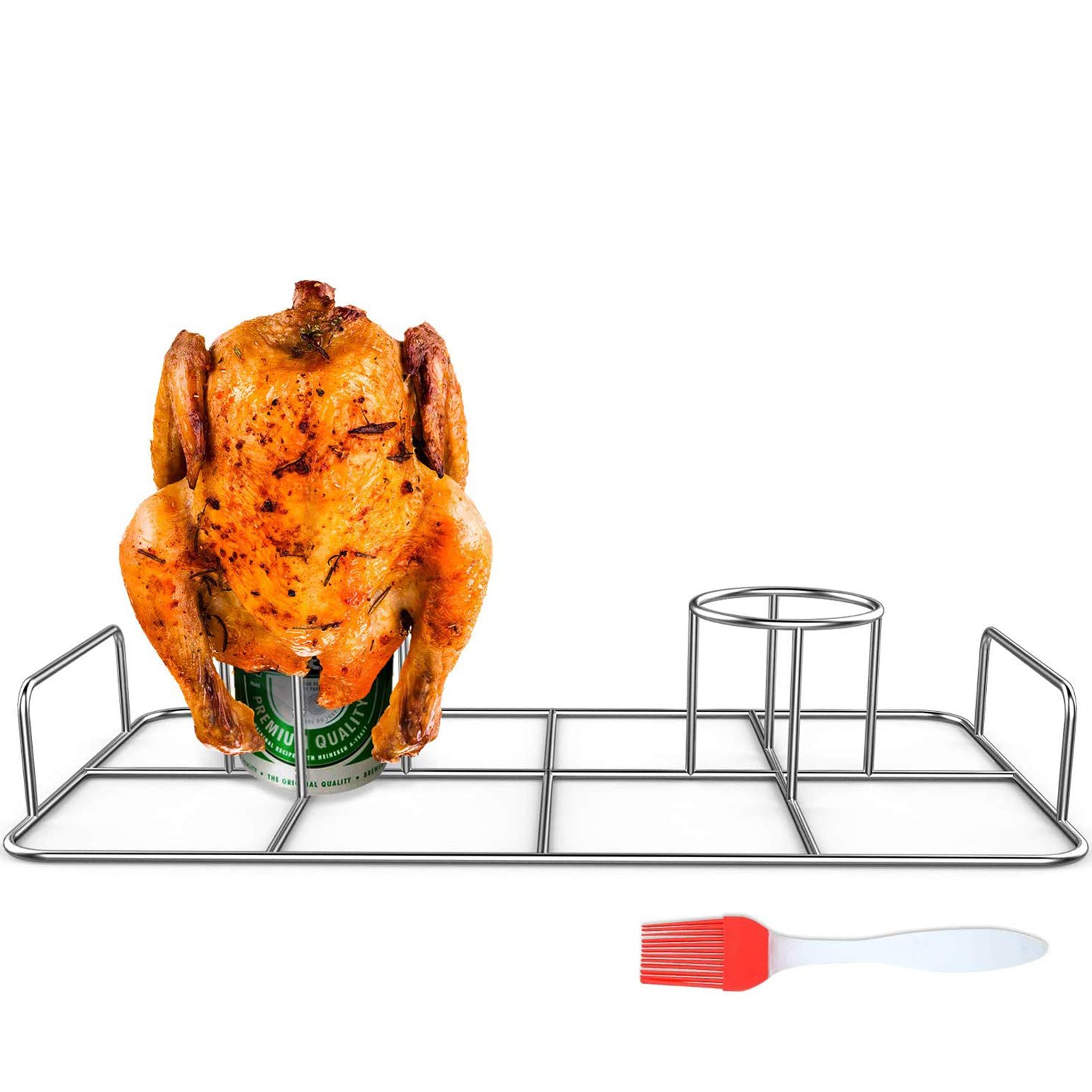 Stainless Steel Double Beercan Chicken Rack with Silicone Oil Brush - Twin Chicken Stand for Smoker & Grill - Cook 2 Chickens Simultaneously - Perfect for BBQ Parties & Outdoor Cooking