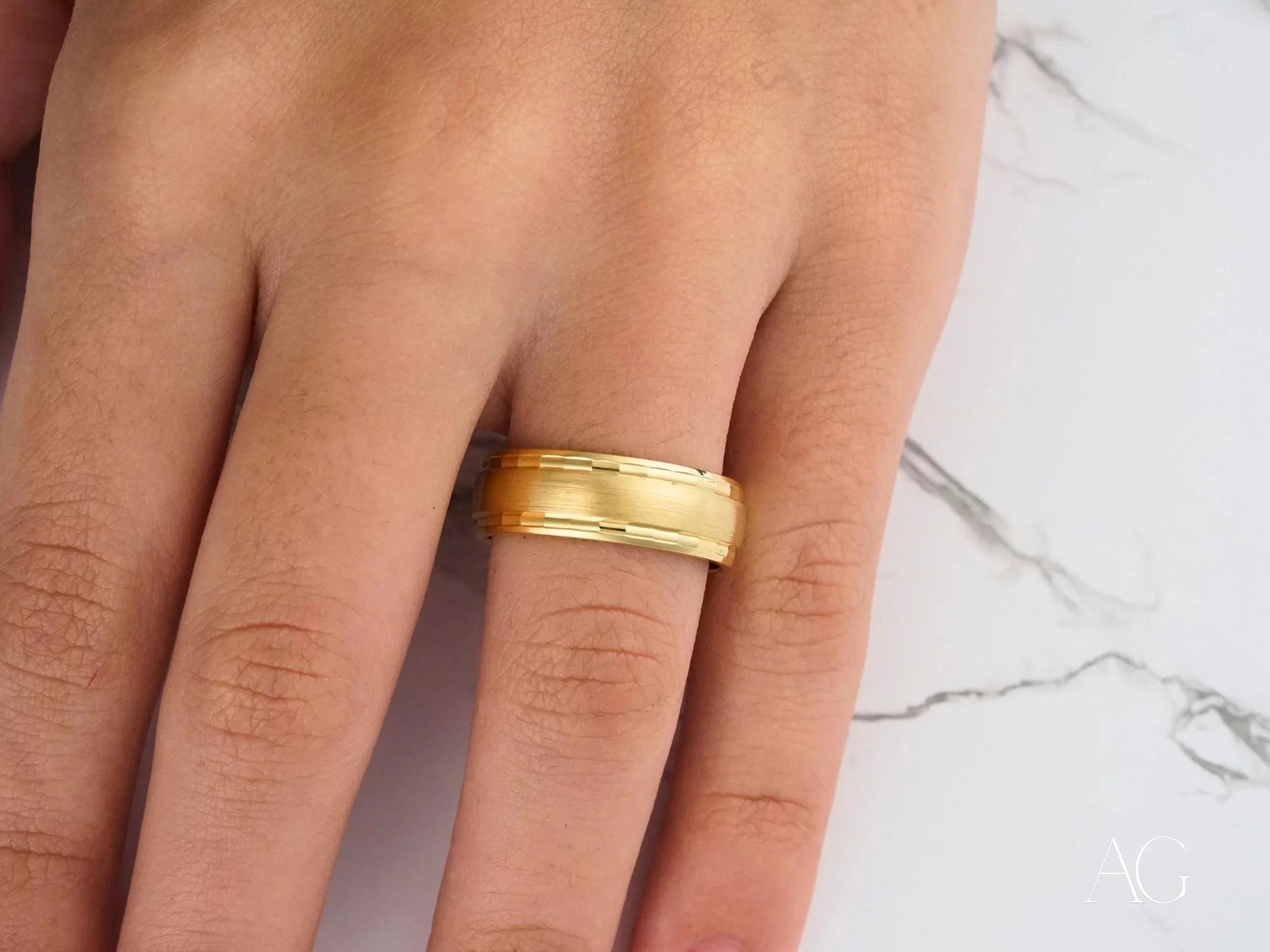 Golden Fortress Wedding Band for Men - 14K Yellow Gold Comfort Fit Ring - Elegant & Durable Wedding Band for Groom, Engagement, Anniversary, or Gift